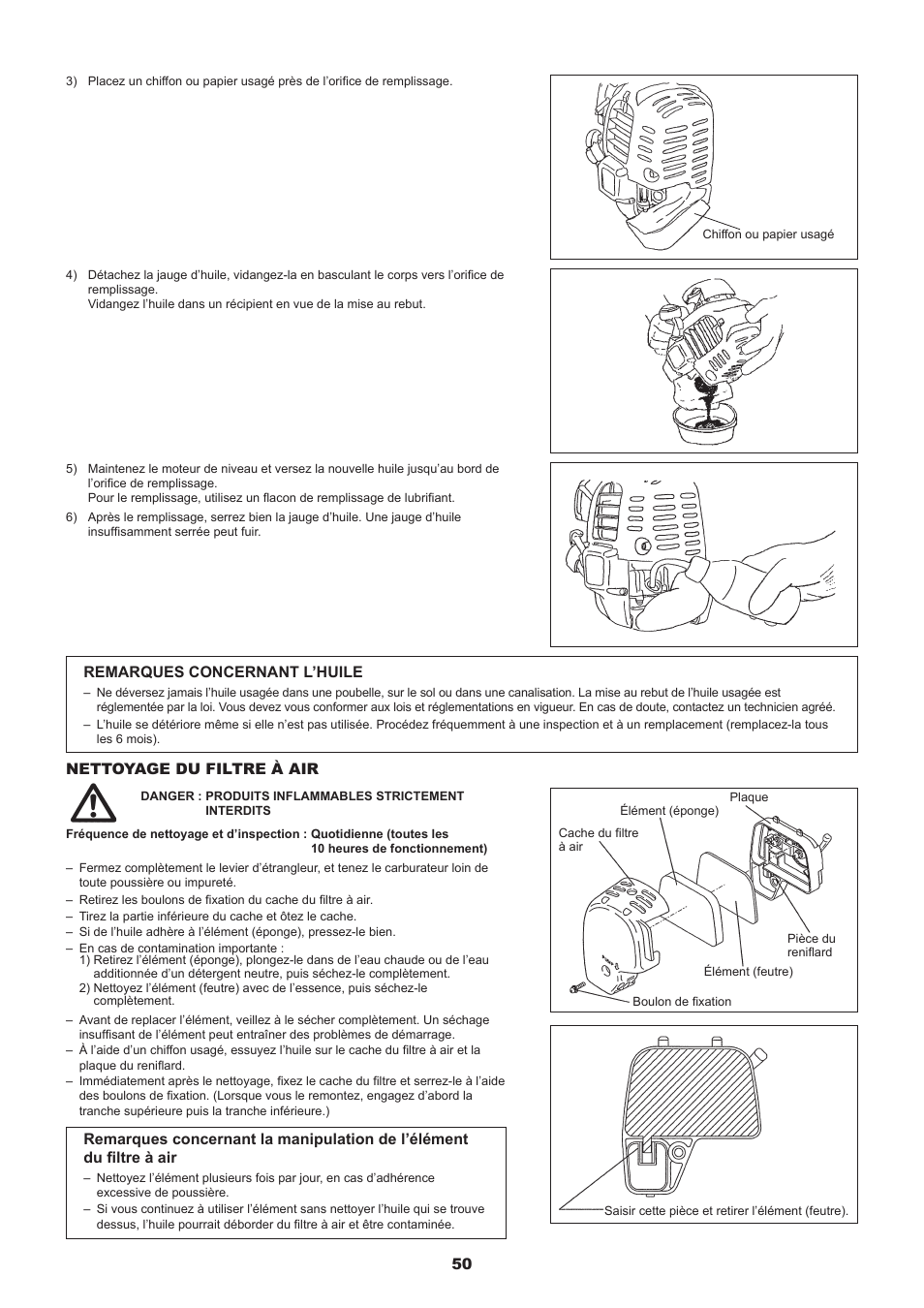 50 nettoyage du filtre à air, Remarques concernant l’huile | Dolmar MS-245.4 C User Manual | Page 50 / 80