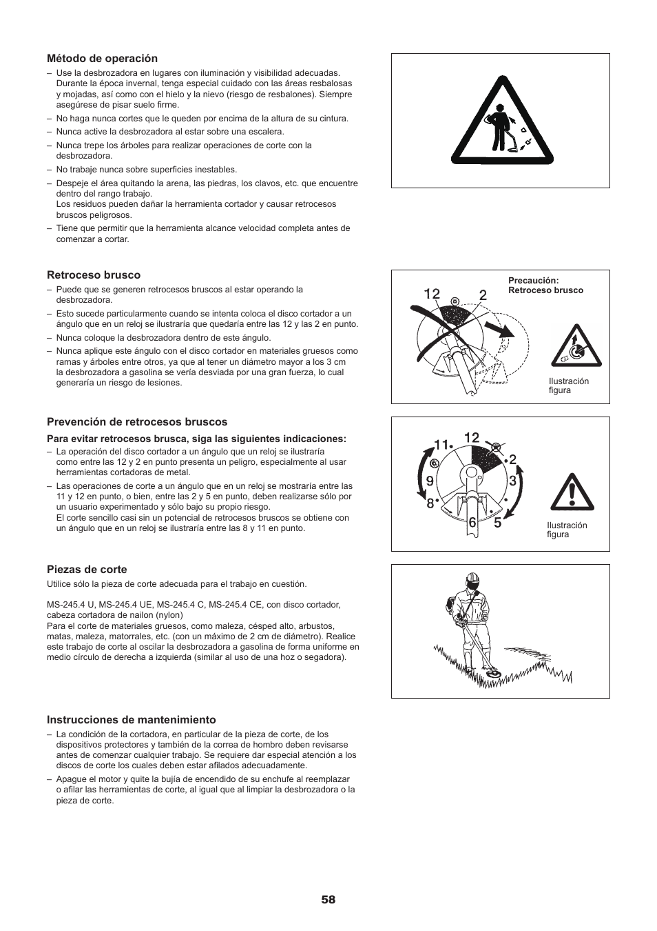 5 método de operación, Retroceso brusco, Prevención de retrocesos bruscos | Instrucciones de mantenimiento, Piezas de corte | Dolmar MS-245.4 C User Manual | Page 58 / 80