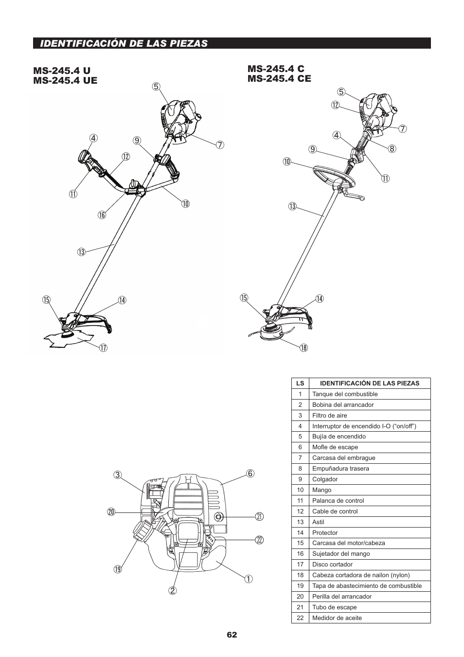 Identificación de las piezas | Dolmar MS-245.4 C User Manual | Page 62 / 80