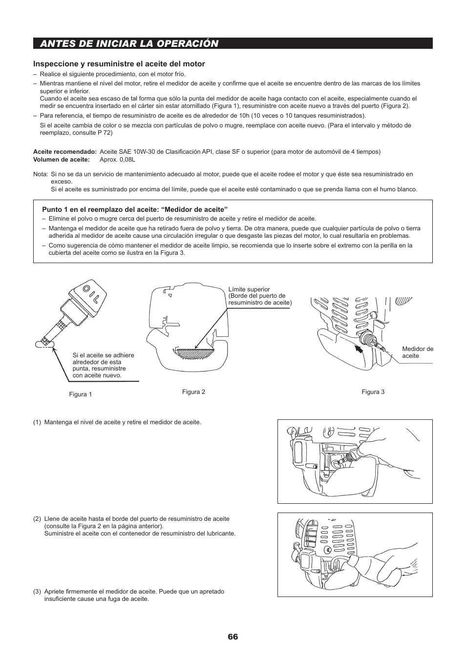 Antes de iniciar la operación, Inspeccione y resuministre el aceite del motor | Dolmar MS-245.4 C User Manual | Page 66 / 80