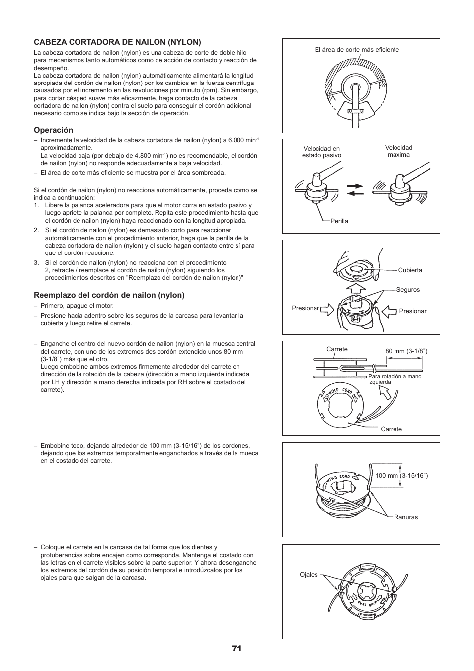 1 cabeza cortadora de nailon (nylon), Operación, Reemplazo del cordón de nailon (nylon) | Dolmar MS-245.4 C User Manual | Page 71 / 80