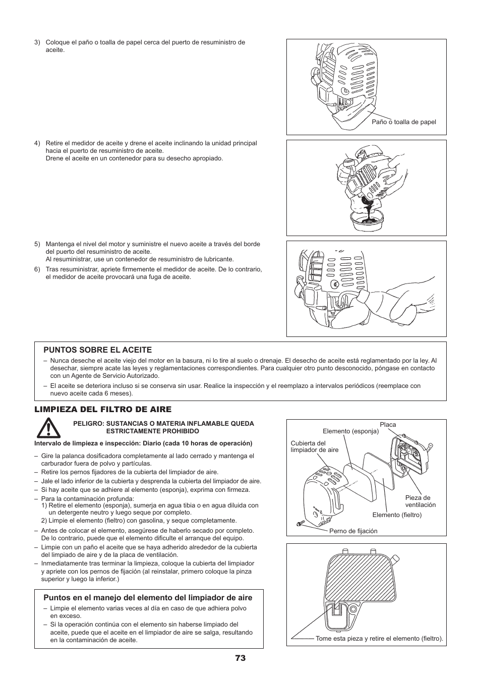 Limpieza del filtro de aire, Puntos sobre el aceite | Dolmar MS-245.4 C User Manual | Page 73 / 80