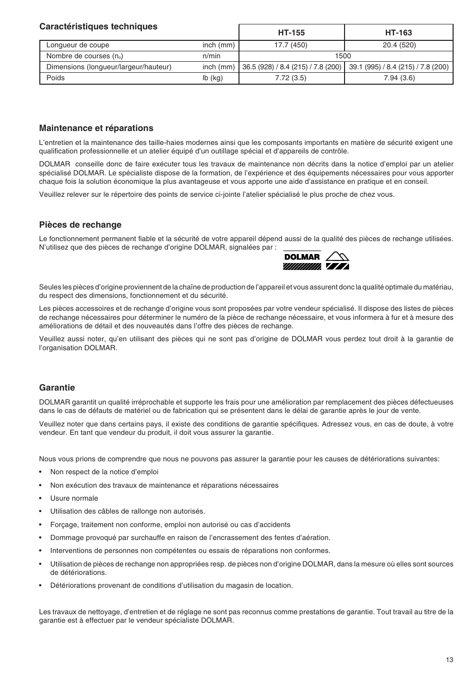 Dolmar HT-155 HT-163 User Manual | Page 13 / 20