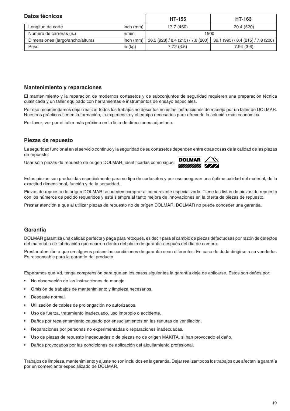 Dolmar HT-155 HT-163 User Manual | Page 19 / 20
