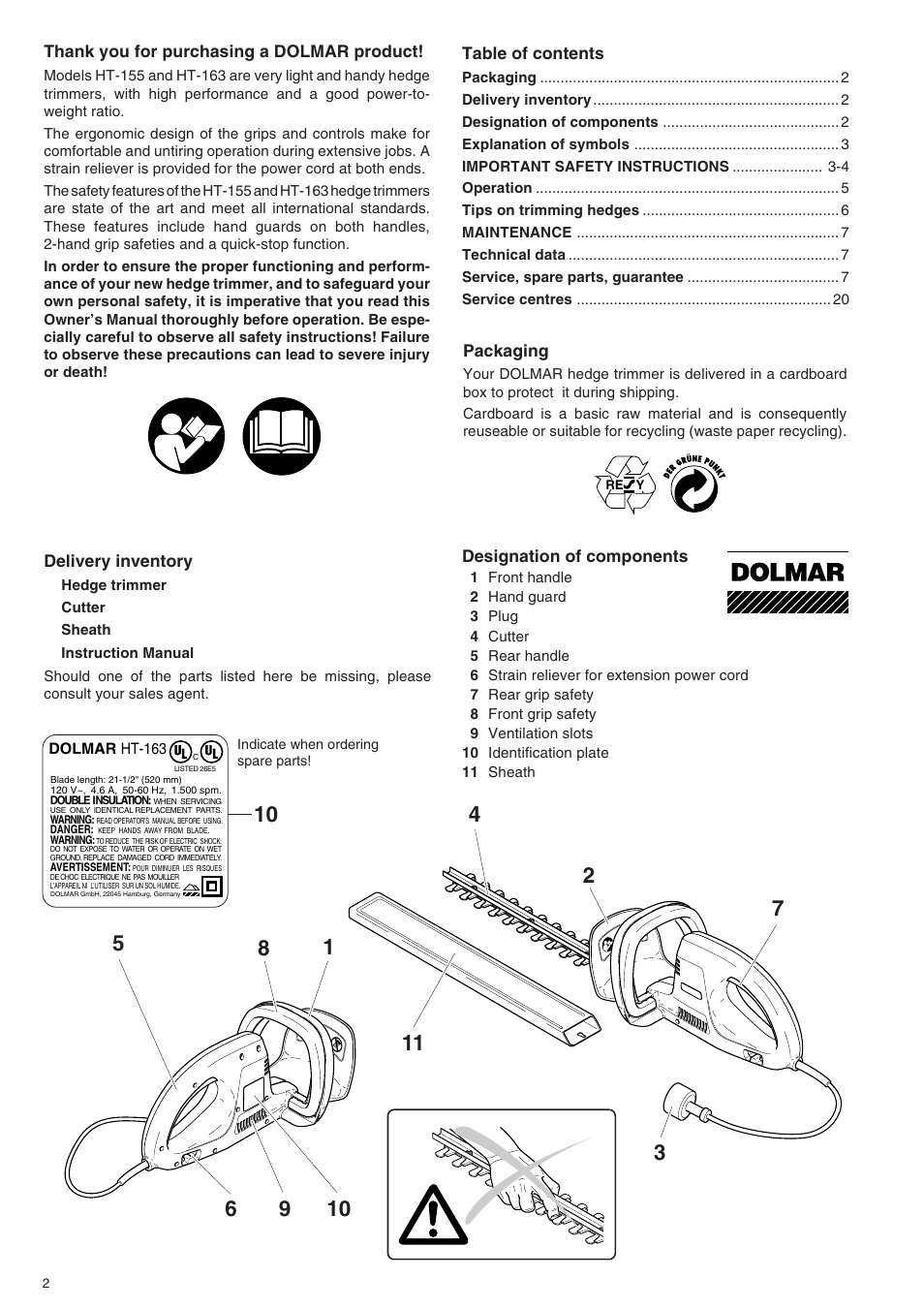 Dolmar HT-155 HT-163 User Manual | Page 2 / 20