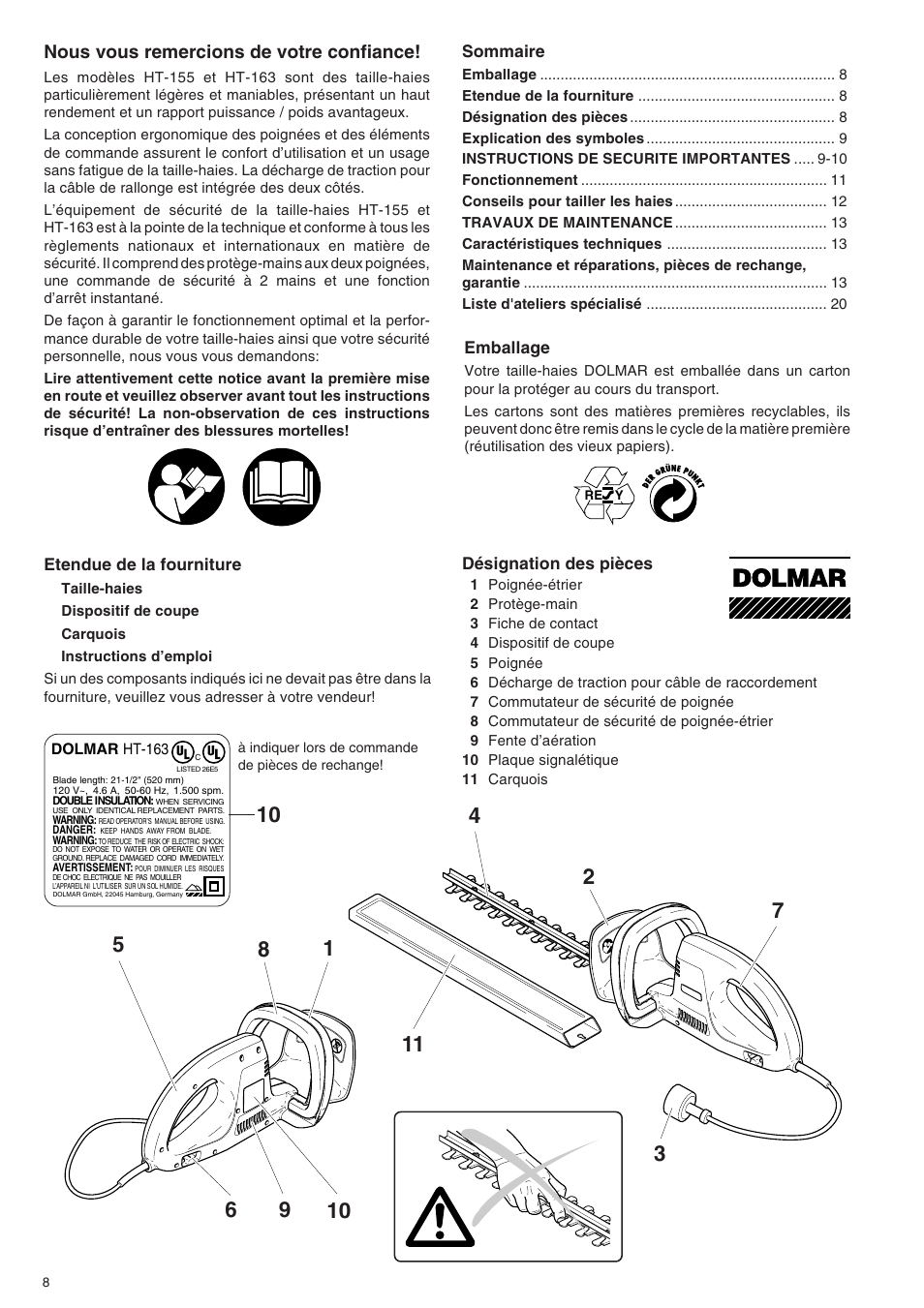Nous vous remercions de votre confiance | Dolmar HT-155 HT-163 User Manual | Page 8 / 20