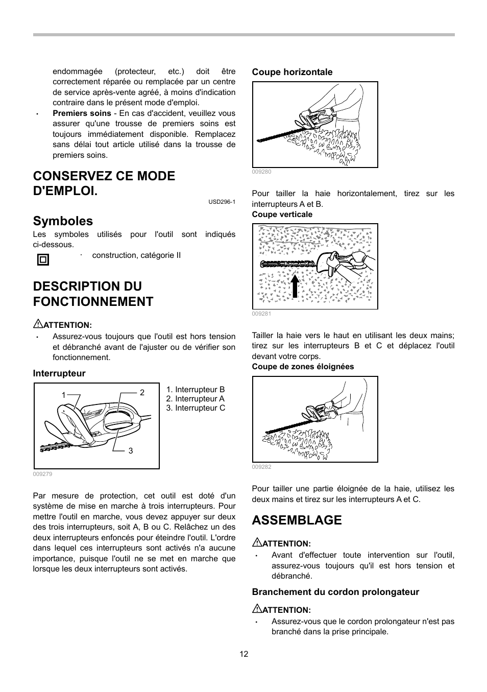 Conservez ce mode d'emploi, Symboles, Description du fonctionnement | Assemblage | Dolmar HEDGE HT-355 User Manual | Page 12 / 28