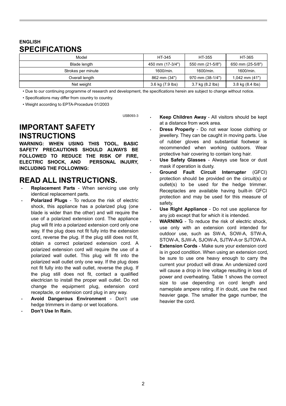 Specifications, Important safety instructions, Read all instructions | Dolmar HEDGE HT-355 User Manual | Page 2 / 28