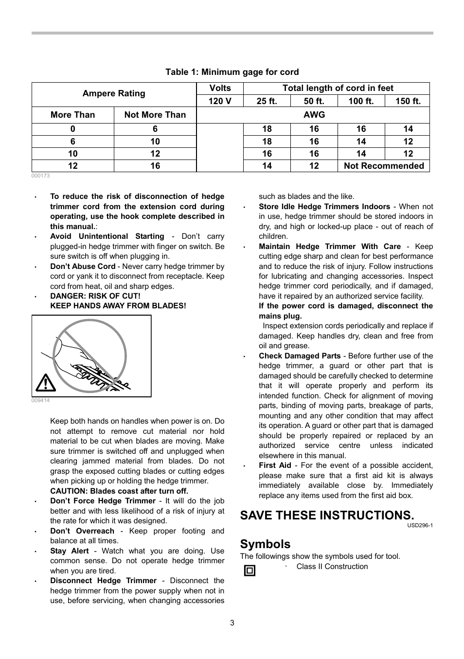 Save these instructions, Symbols | Dolmar HEDGE HT-355 User Manual | Page 3 / 28