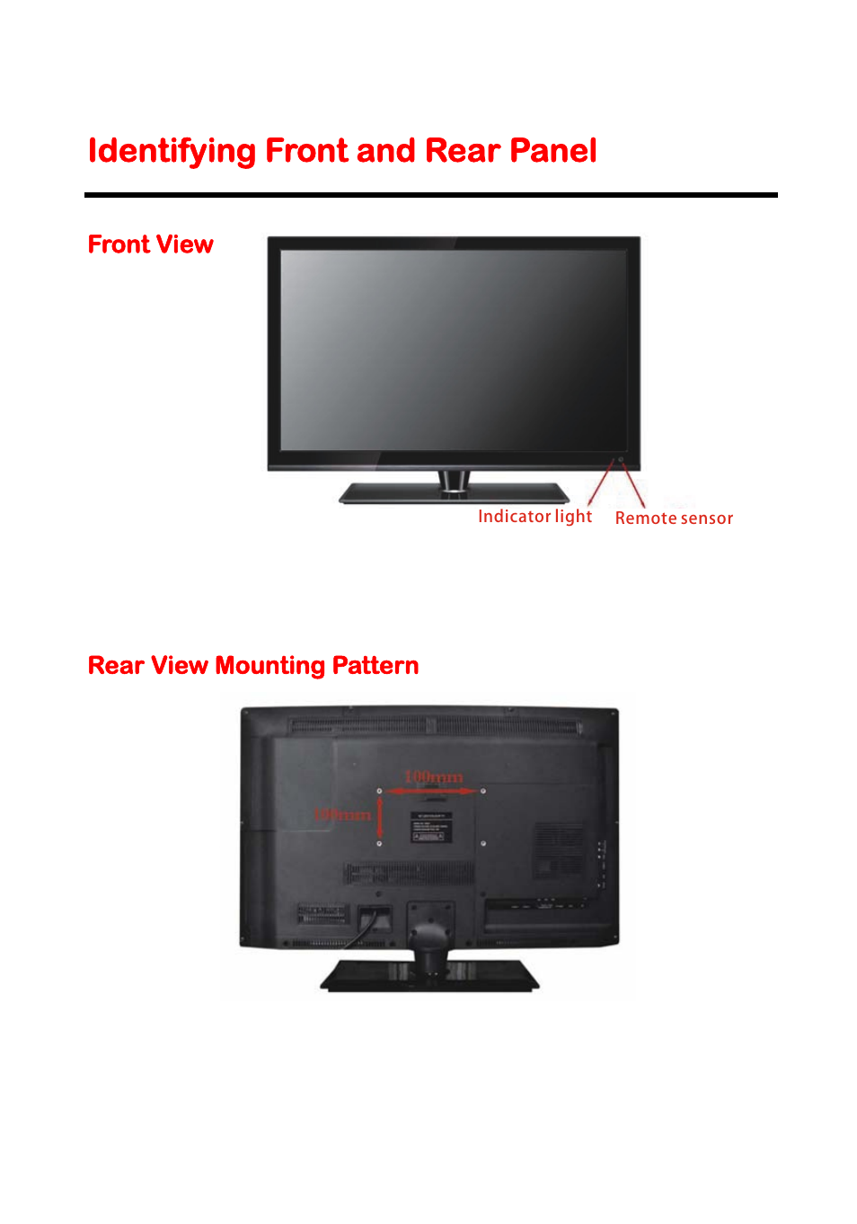 Identifying front and rear panel, Front view, Rear view mounting pattern | Curtis PLED2402A-B User Manual | Page 8 / 41