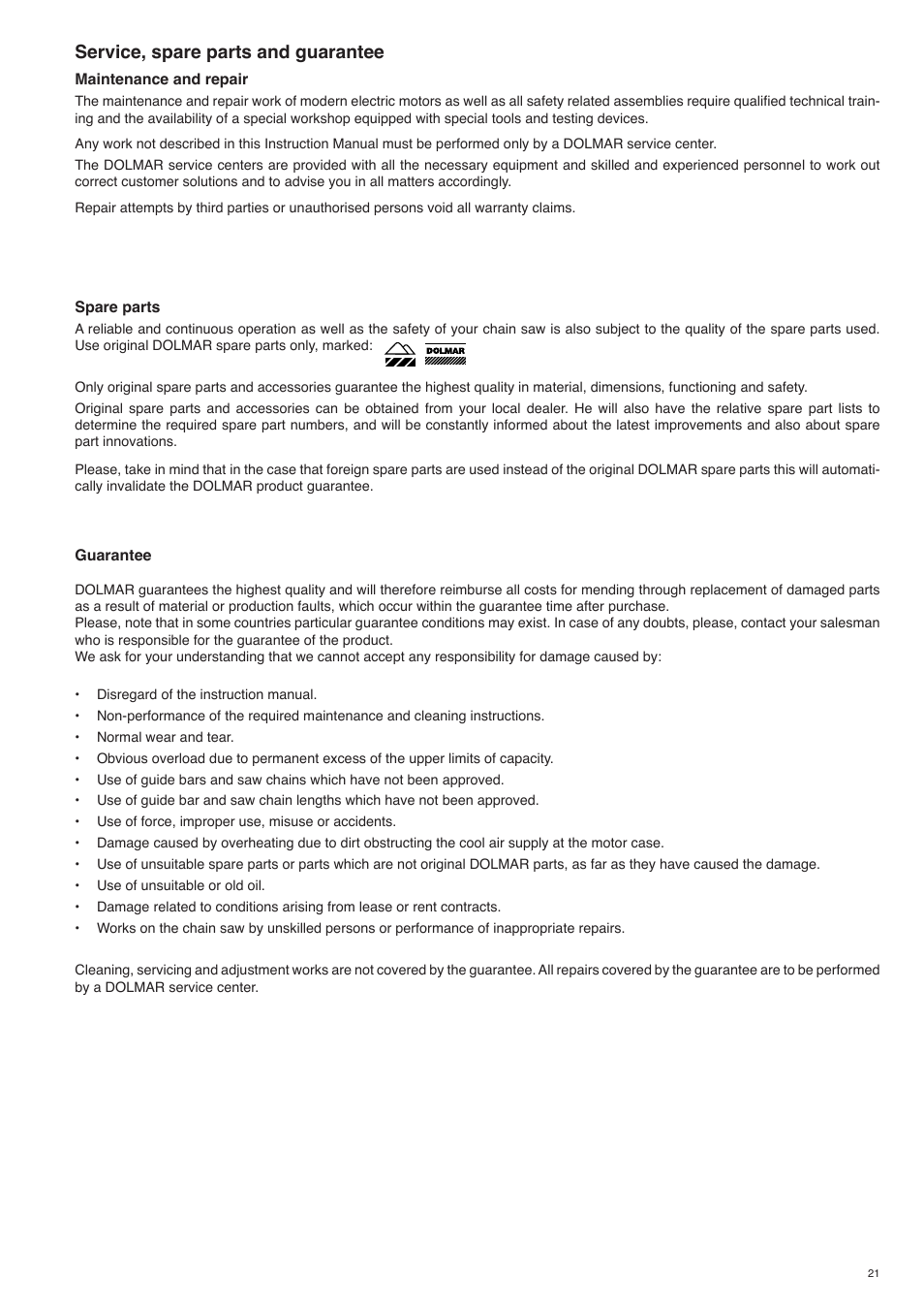Service, spare parts and guarantee | Dolmar ES-153 A User Manual | Page 21 / 68