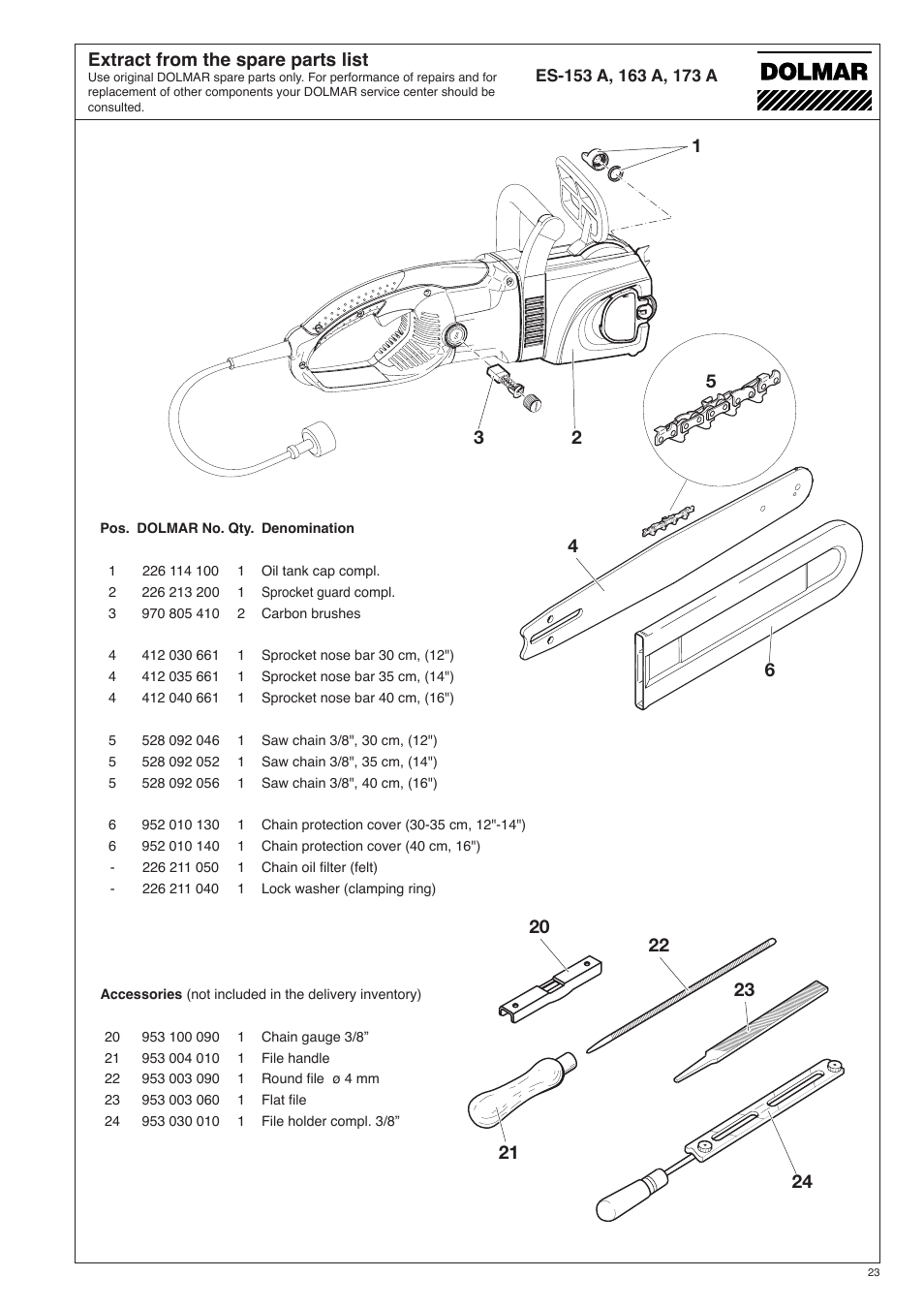Extract from the spare parts list | Dolmar ES-153 A User Manual | Page 23 / 68
