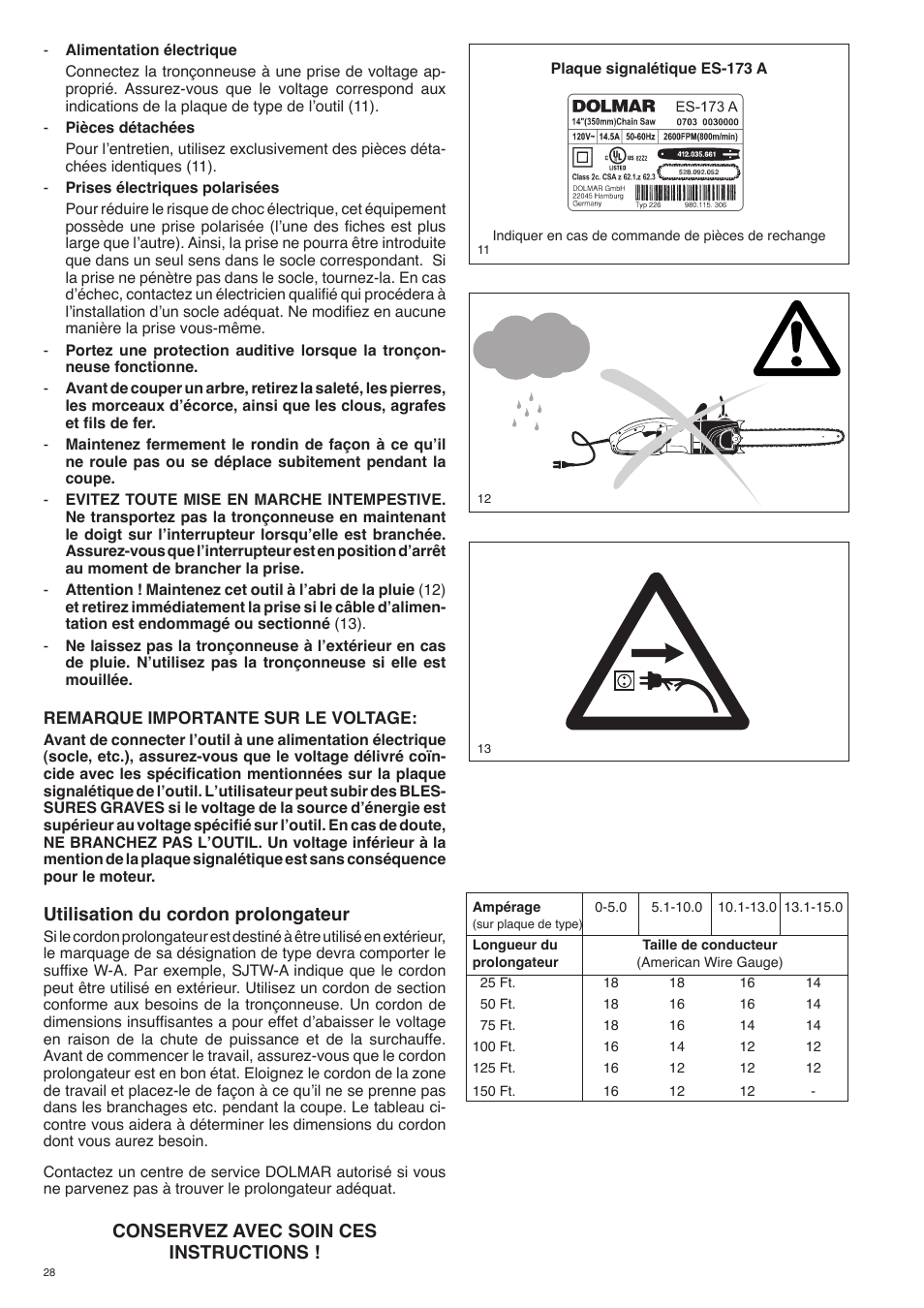 Utilisation du cordon prolongateur, Conservez avec soin ces instructions | Dolmar ES-153 A User Manual | Page 28 / 68
