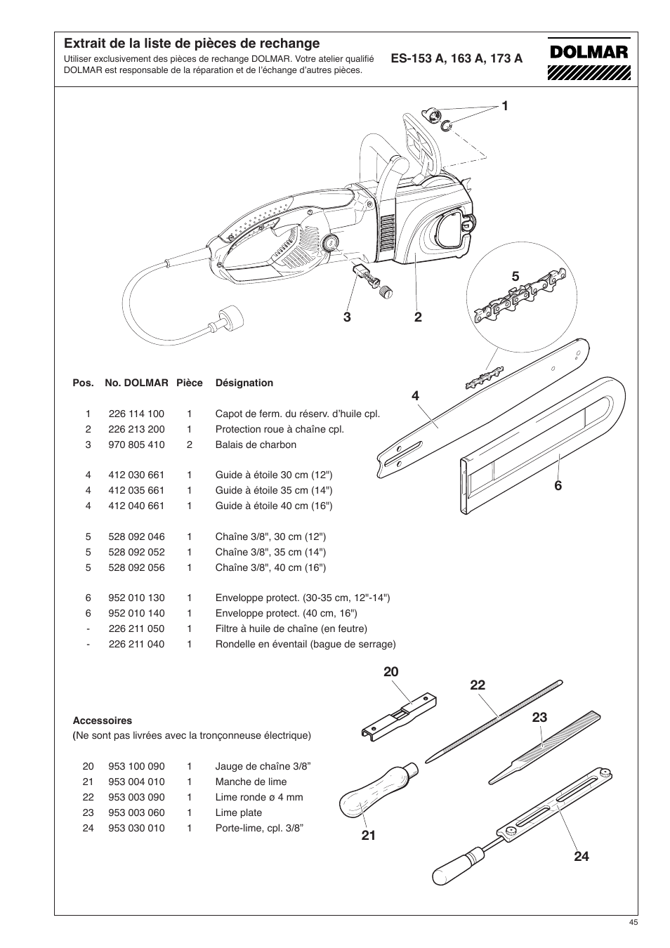 Extrait de la liste de pièces de rechange | Dolmar ES-153 A User Manual | Page 45 / 68