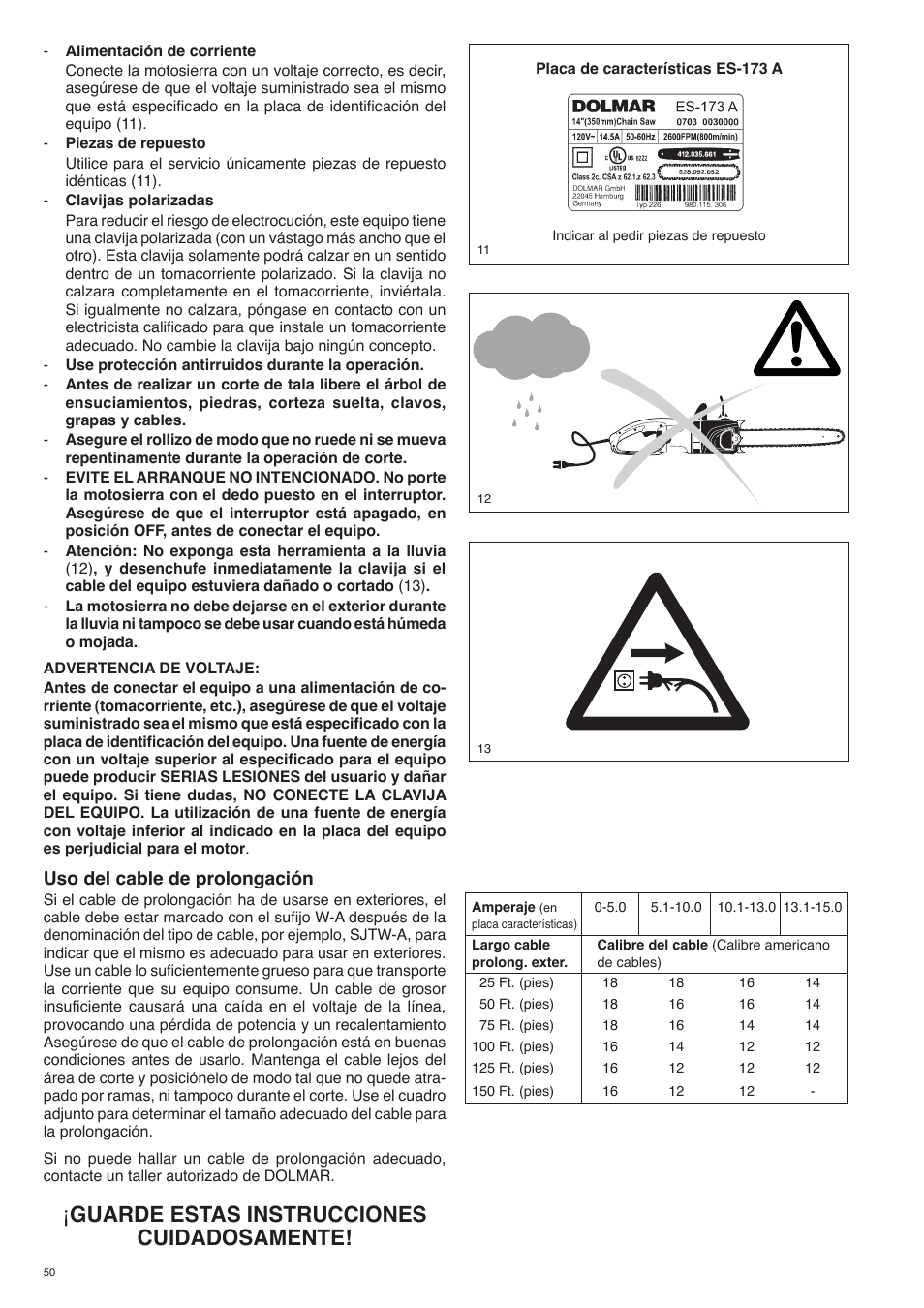 Guarde estas instrucciones cuidadosamente, Uso del cable de prolongación | Dolmar ES-153 A User Manual | Page 50 / 68