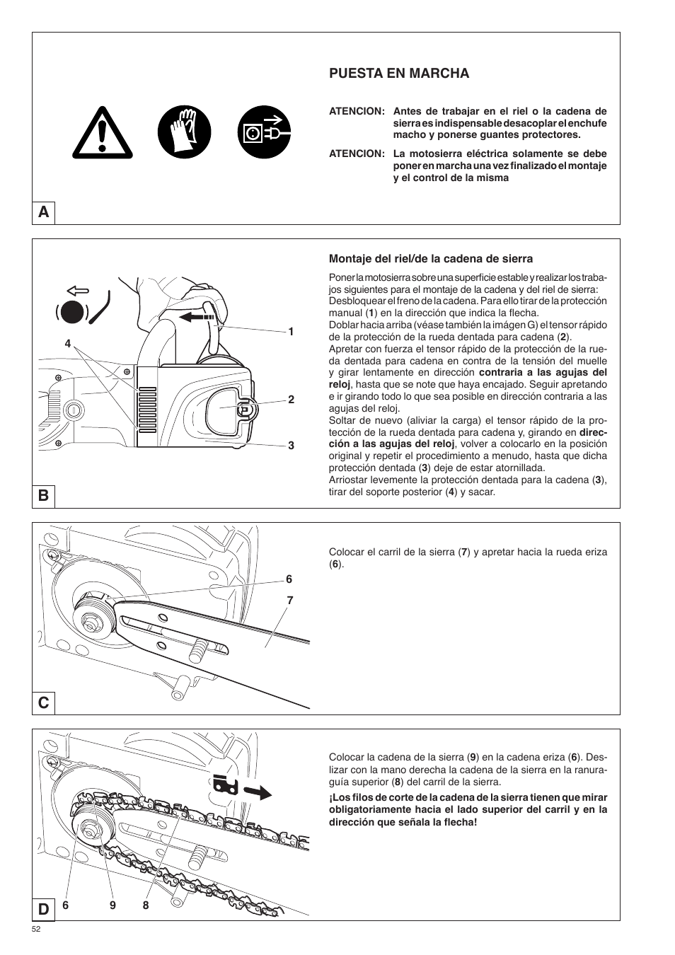 Ab c d, Puesta en marcha | Dolmar ES-153 A User Manual | Page 52 / 68