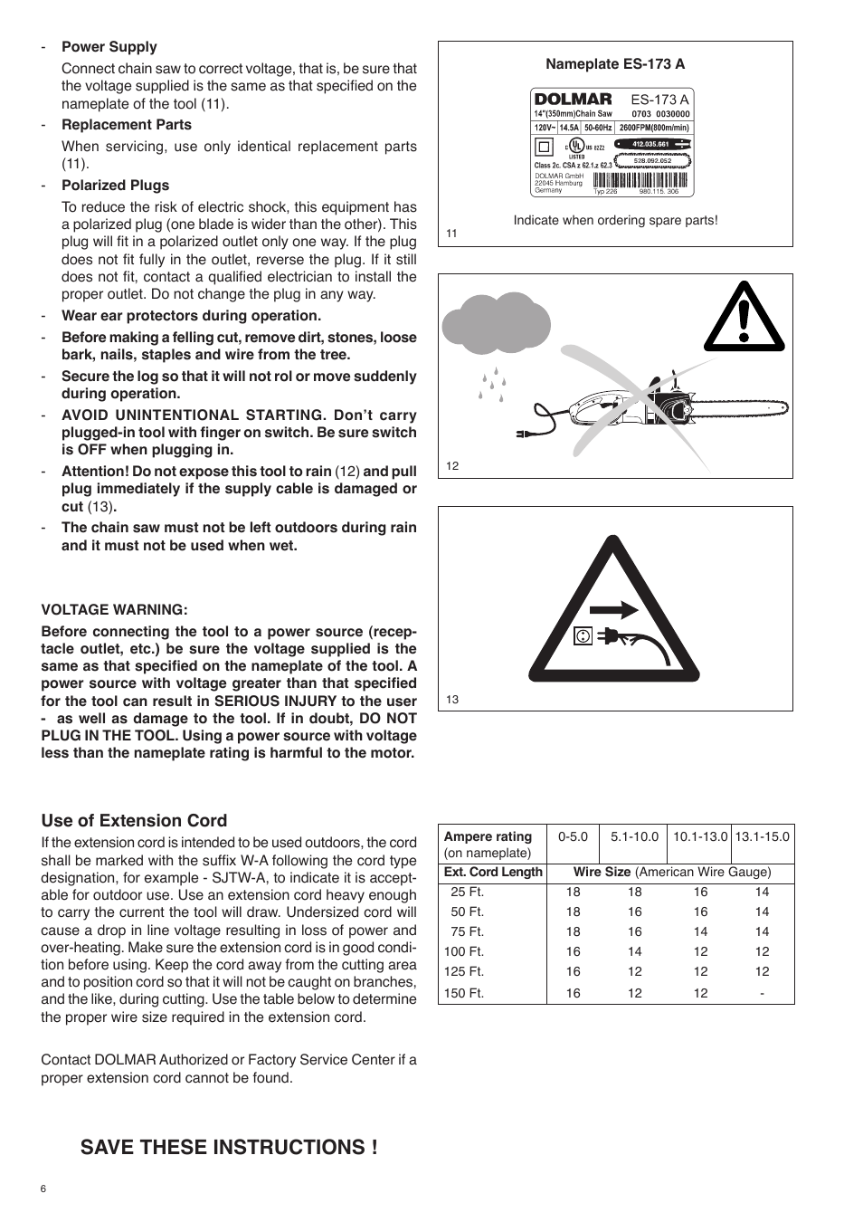 Save these instructions, Use of extension cord | Dolmar ES-153 A User Manual | Page 6 / 68