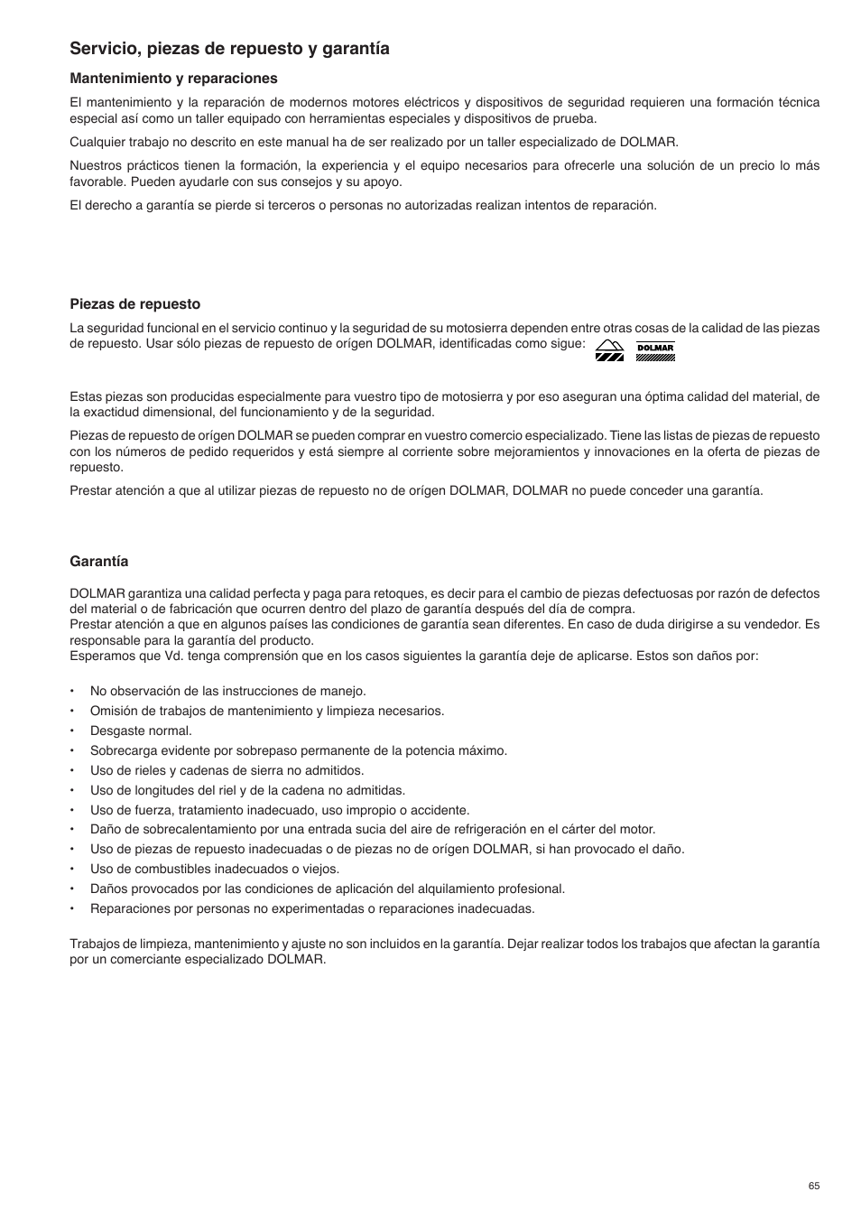 Servicio, piezas de repuesto y garantía | Dolmar ES-153 A User Manual | Page 65 / 68