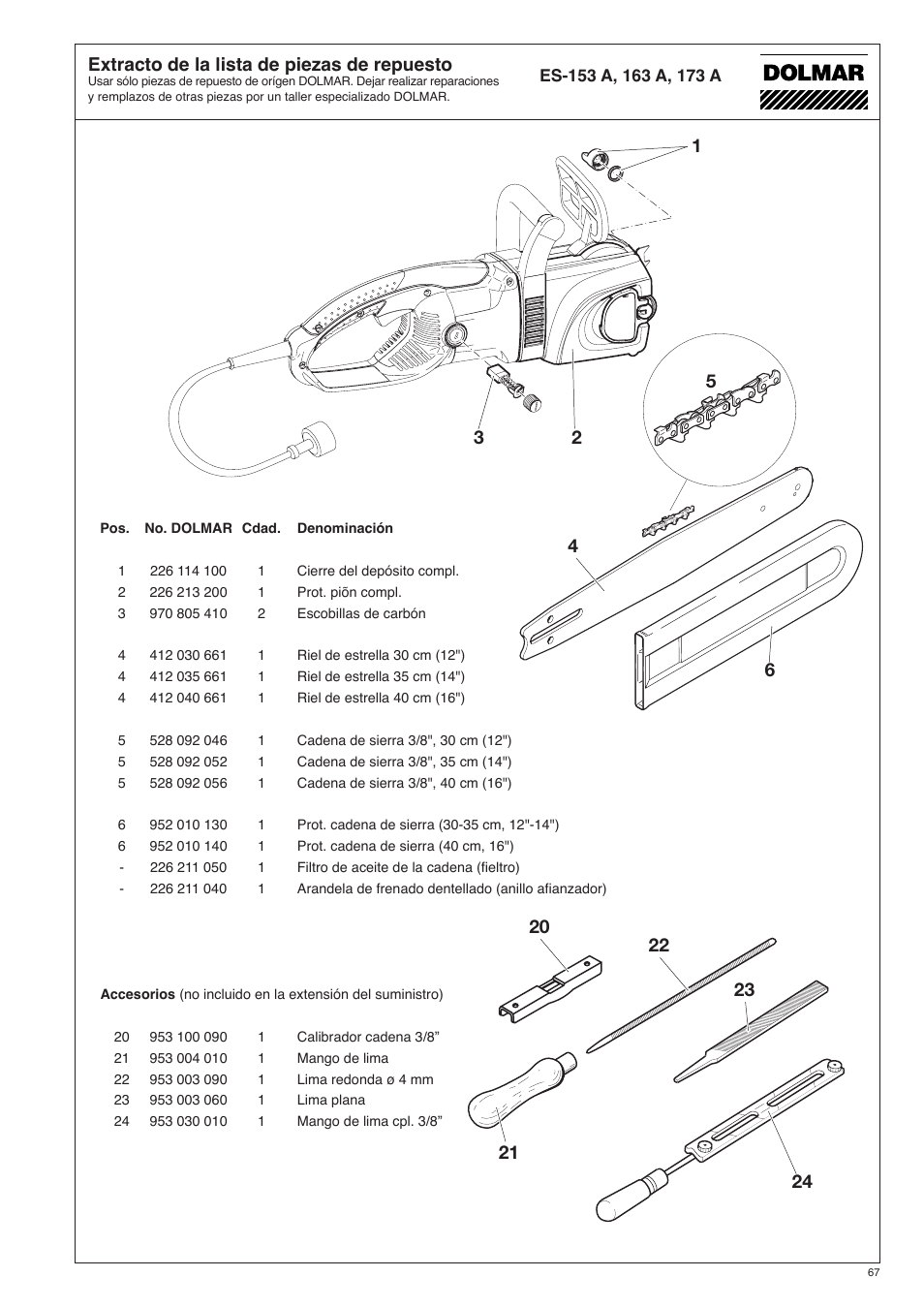 Extracto de la lista de piezas de repuesto | Dolmar ES-153 A User Manual | Page 67 / 68