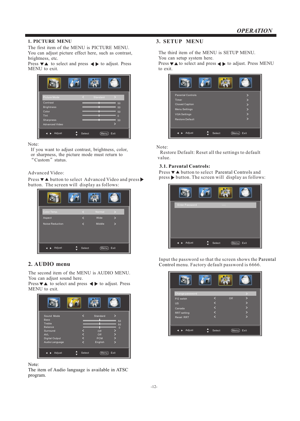 Operation, Audio menu, Setup menu | Curtis PLED3204A User Manual | Page 13 / 19