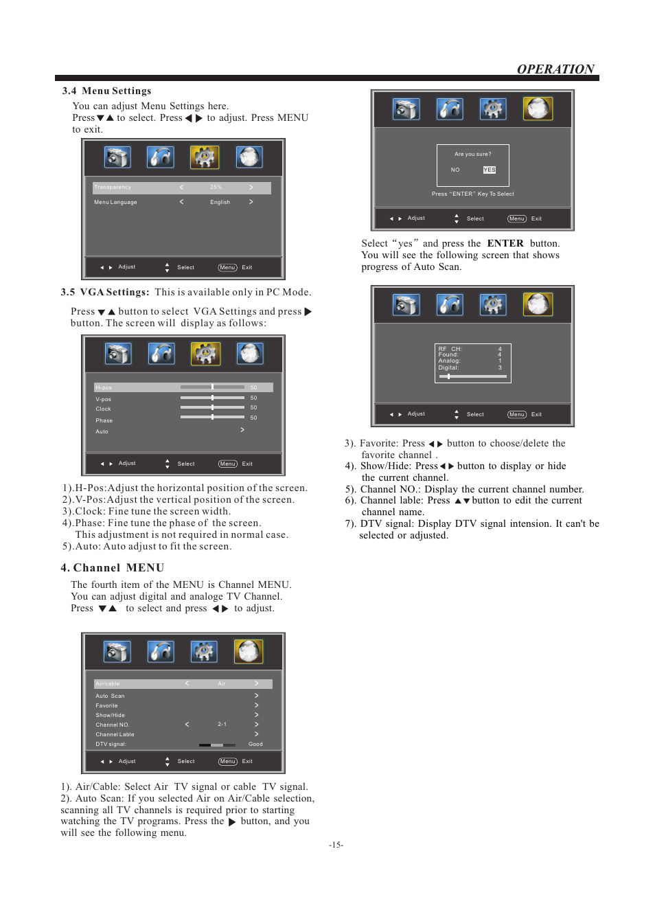 Operation, Channel menu | Curtis PLED3204A User Manual | Page 16 / 19