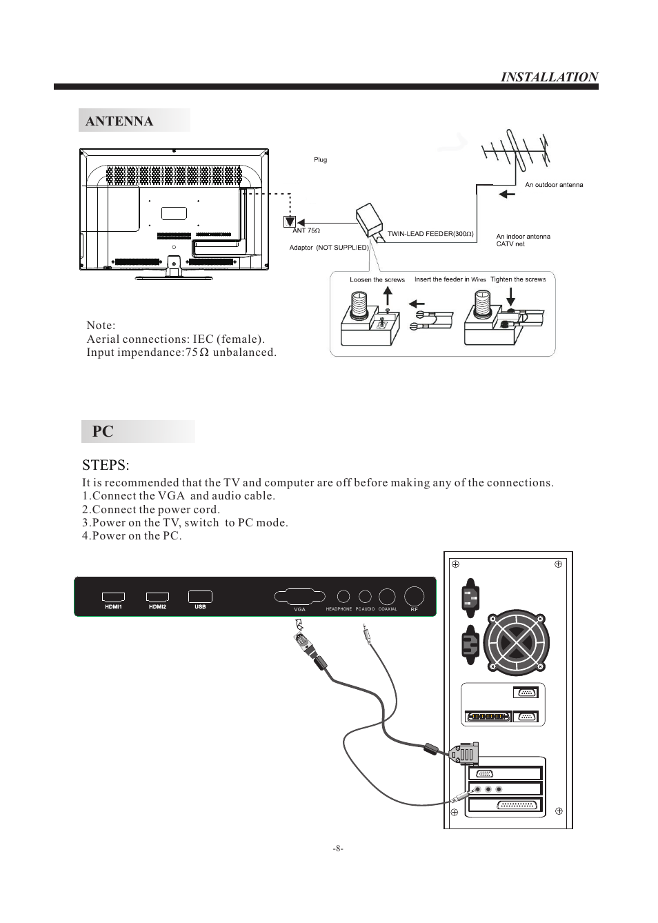 Steps, Antenna, Installation | Curtis PLED3204A User Manual | Page 9 / 19