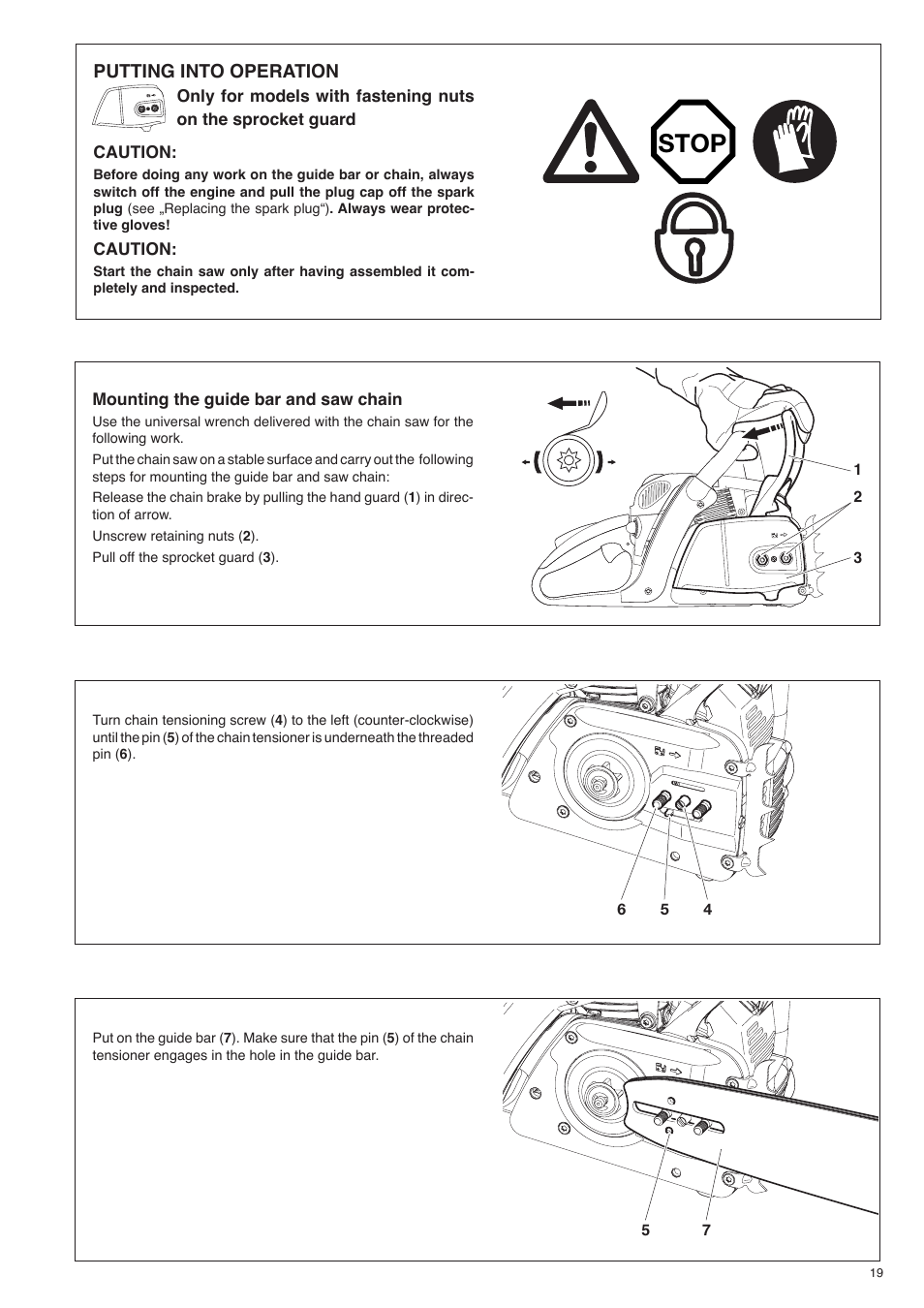 Stop, Putting into operation | Dolmar Gasoline Chain Saws PS-421 User Manual | Page 19 / 48