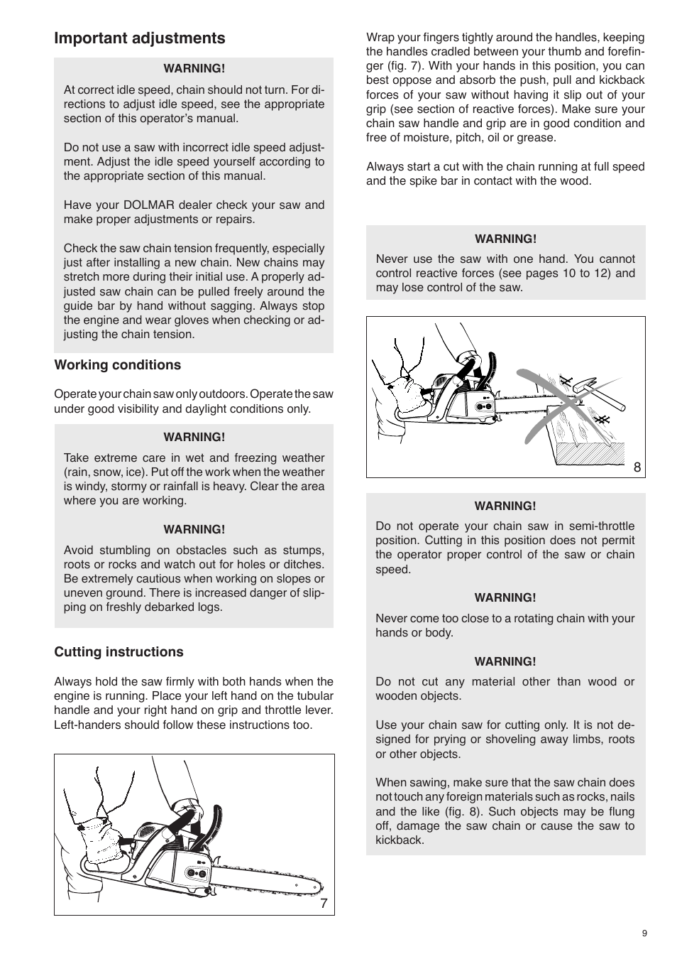 Important adjustments | Dolmar Gasoline Chain Saws PS-421 User Manual | Page 9 / 48