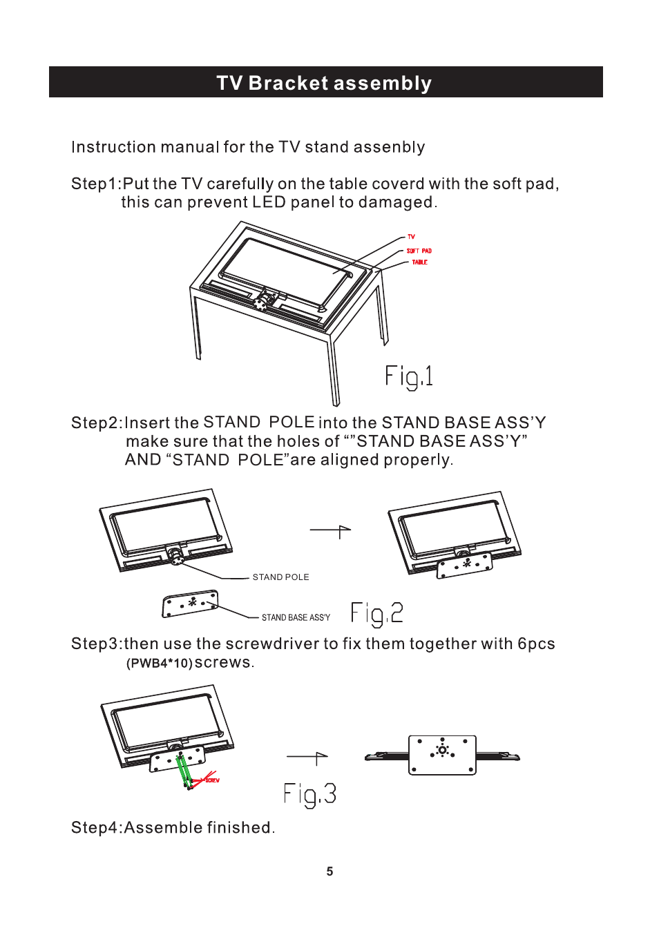 Tv bracket assembly | Curtis PLED4274A-B User Manual | Page 6 / 28