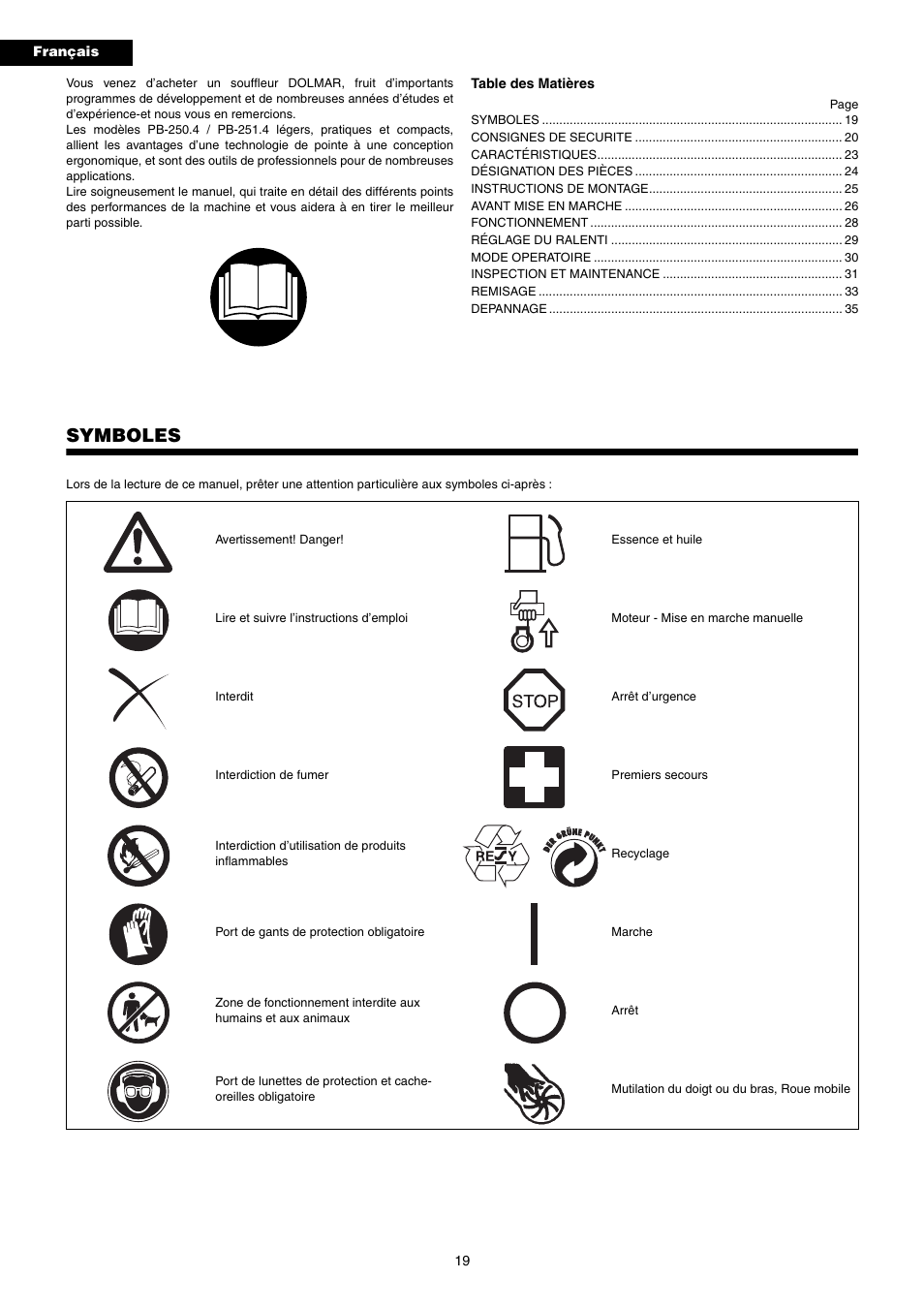 Symboles | Dolmar PB-250.4 User Manual | Page 19 / 60