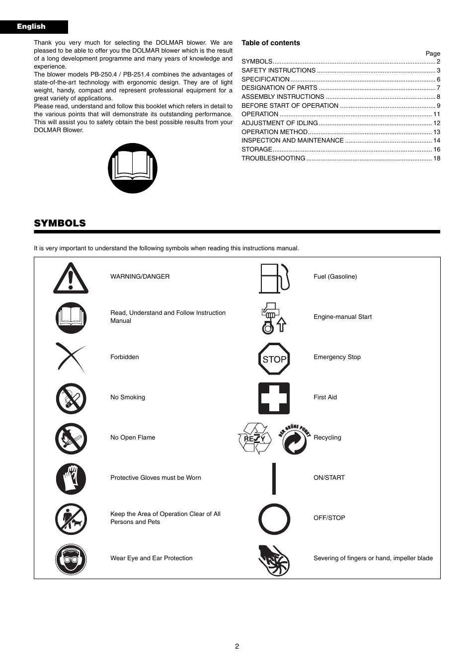 Symbols | Dolmar PB-250.4 User Manual | Page 2 / 60
