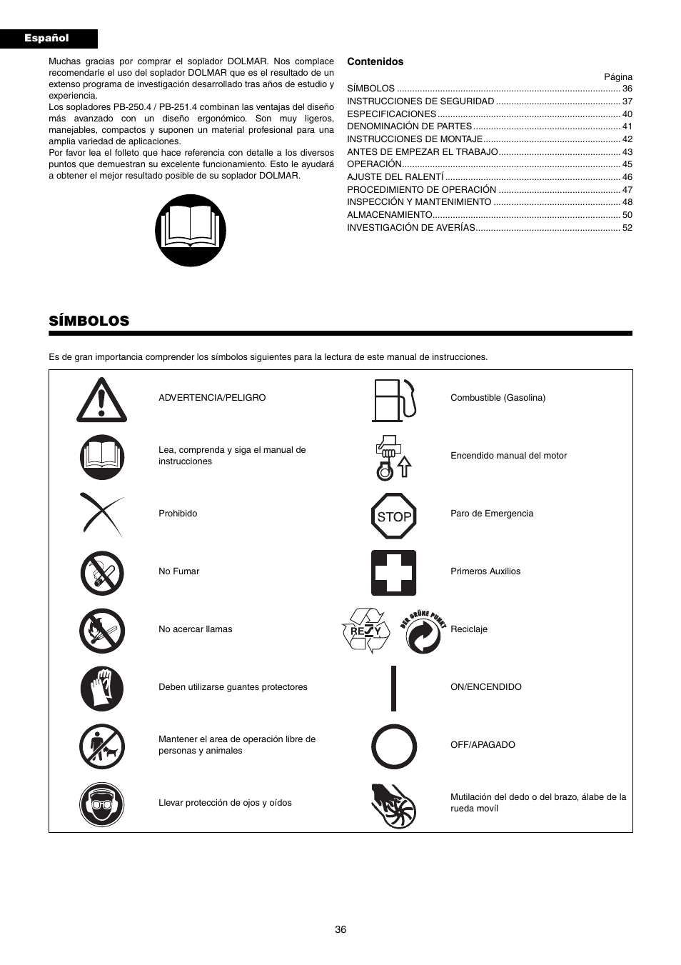 Símbolos | Dolmar PB-250.4 User Manual | Page 36 / 60