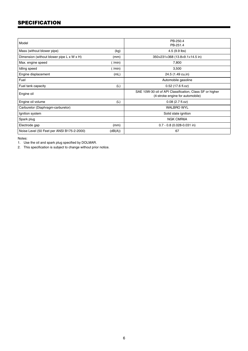 Specification | Dolmar PB-250.4 User Manual | Page 6 / 60