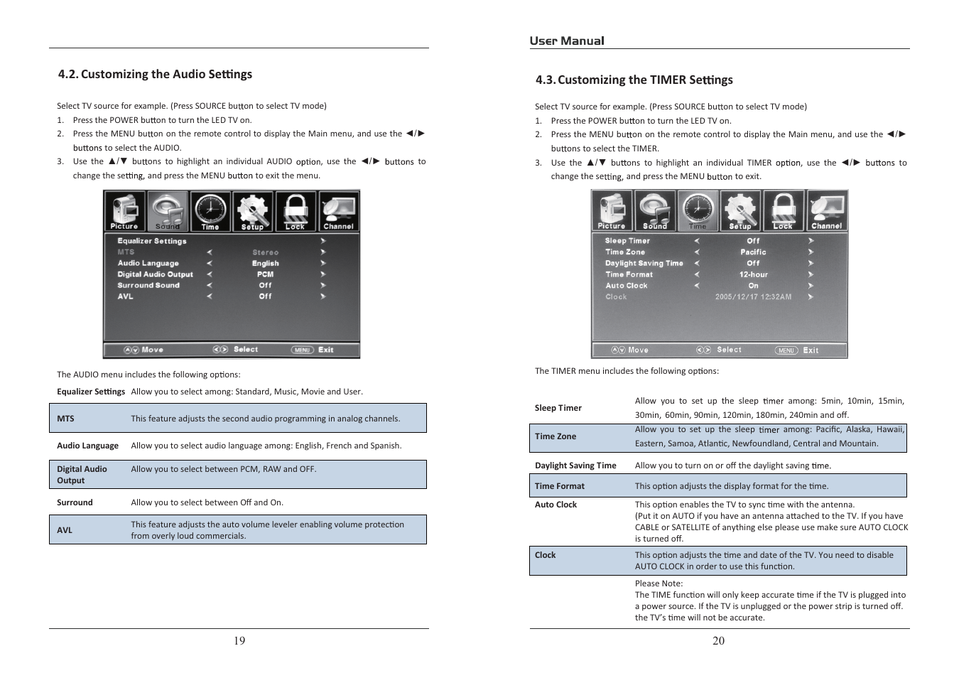 Customizing the audio customizing the timer se ngs | Curtis PLED5529A-D User Manual | Page 11 / 18