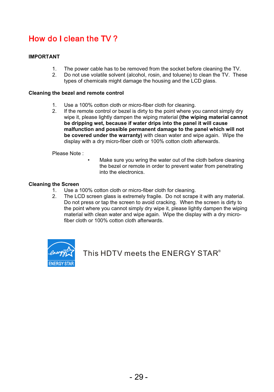 29 - how do i clean the tv, This hdtv meets the energy star | Curtis PLEDV1945A-C User Manual | Page 30 / 44