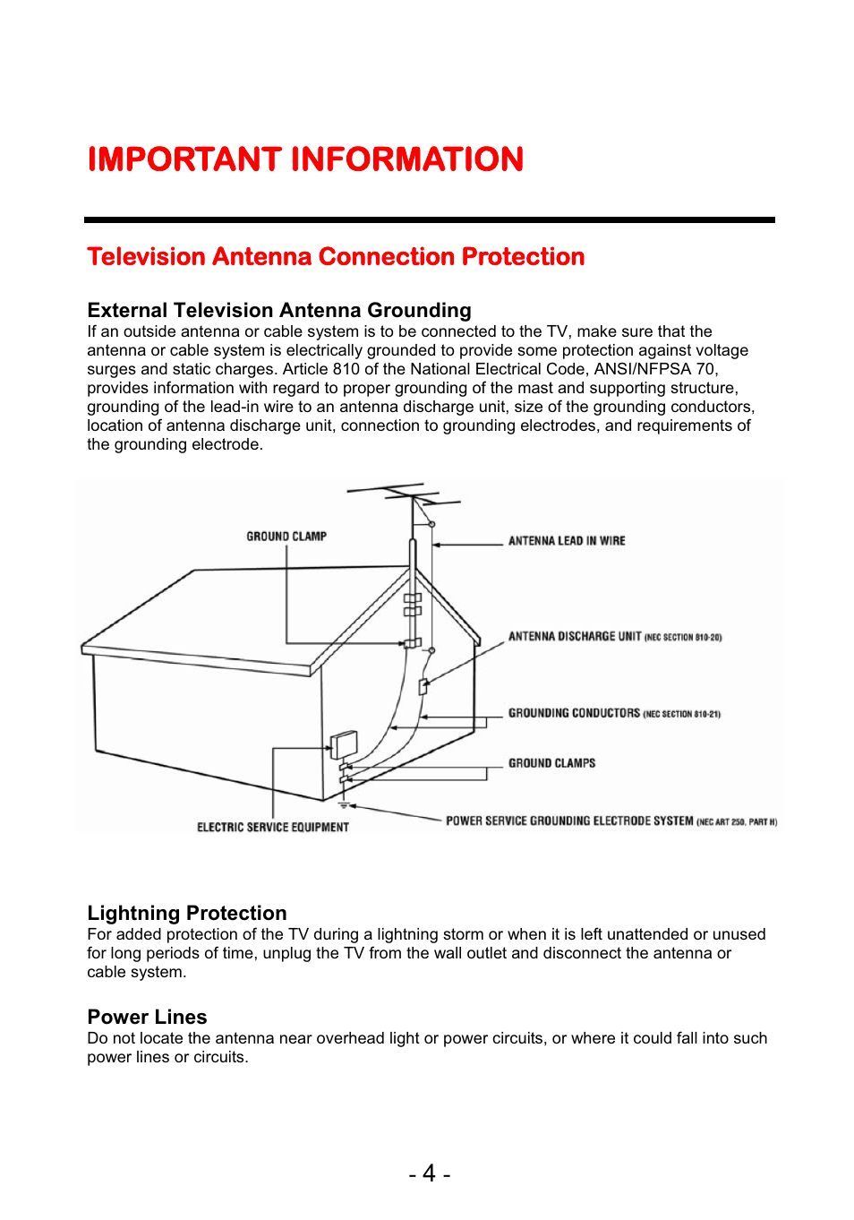 Iimportant information, Television antenna connection protection | Curtis PLEDV1945A-C User Manual | Page 5 / 44