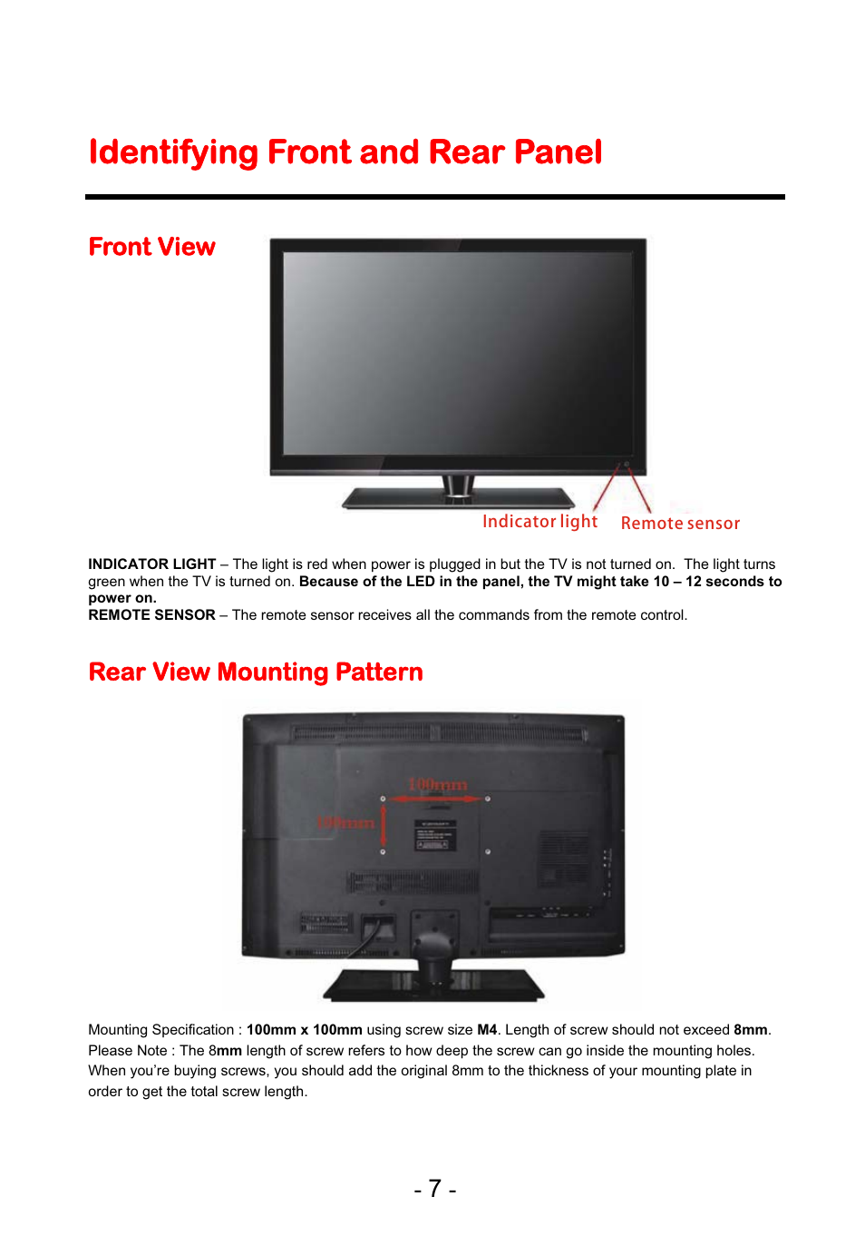 Iidentifying front and rear panel, Front view, Rear view mounting pattern | Curtis PLEDV1945A-C User Manual | Page 8 / 44