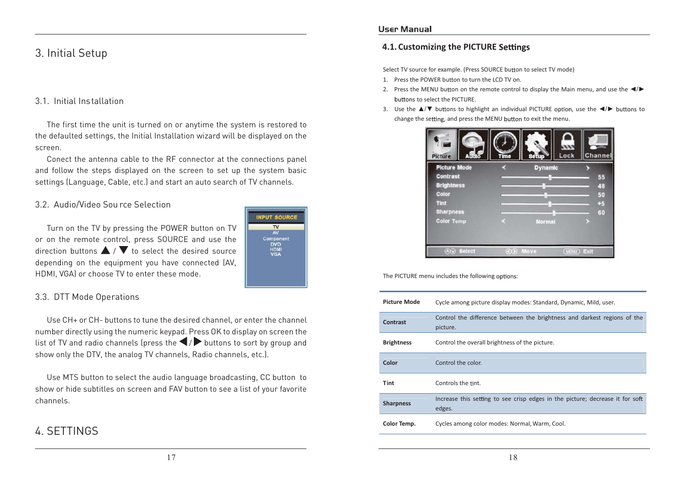 Initial setup, Settings | Curtis PLEDV1948A User Manual | Page 10 / 23