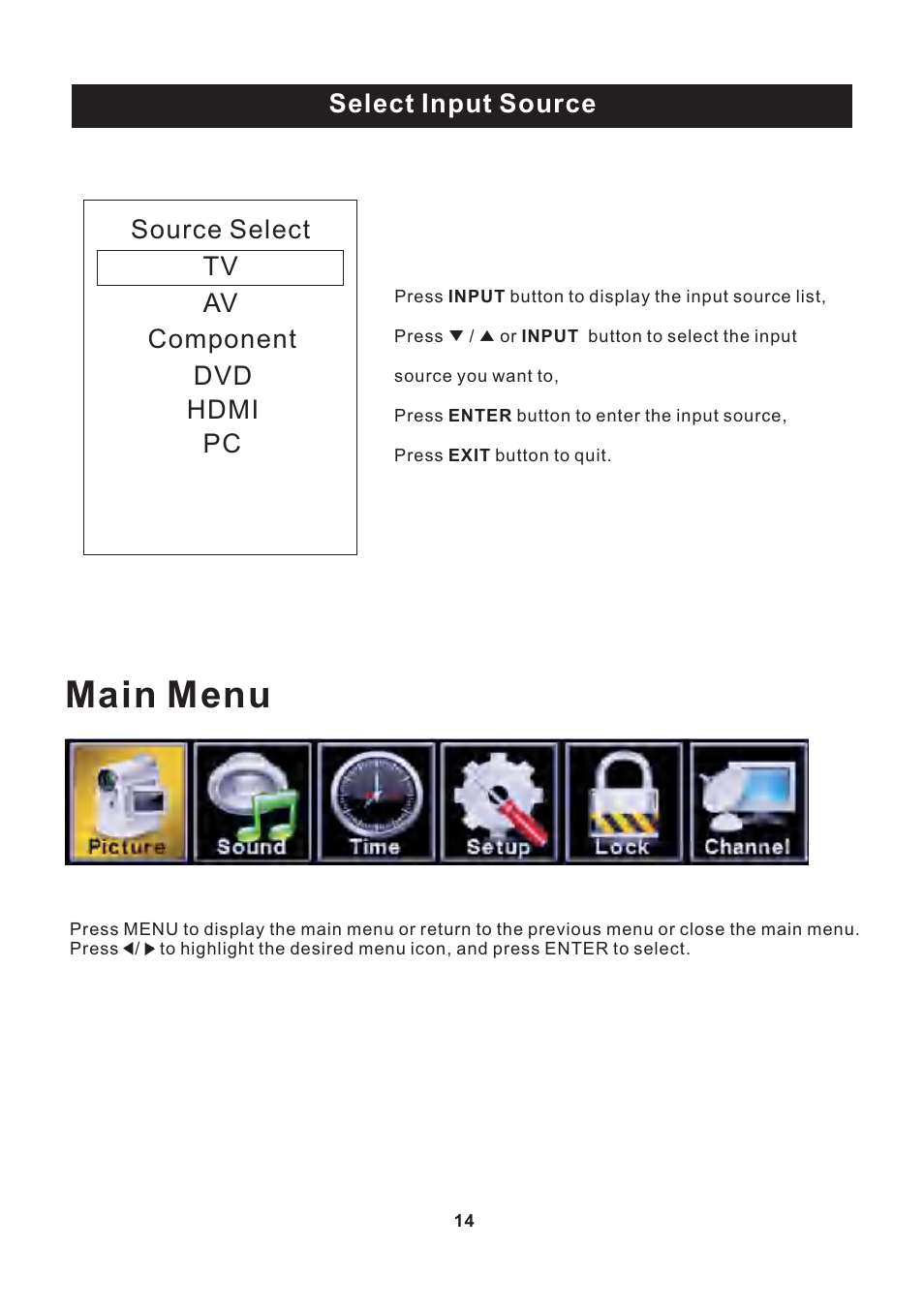 页 15, Main menu, Select input source | Source select tv av component dvd hdmi pc | Curtis PLEDV2213A-C User Manual | Page 15 / 38