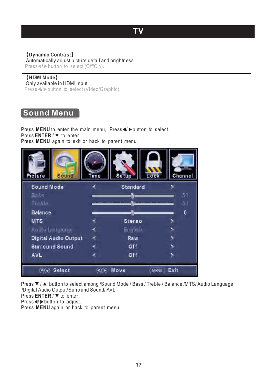 页 18, Tv sound menu | Curtis PLEDV2213A-C User Manual | Page 18 / 38