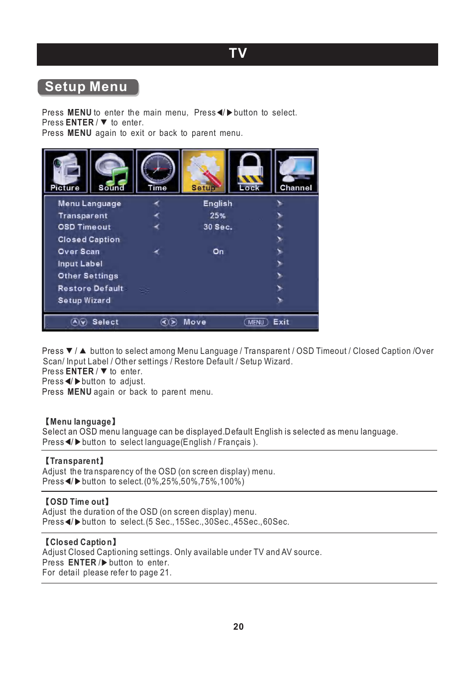 页 21, Tv setup menu | Curtis PLEDV2213A-C User Manual | Page 21 / 38