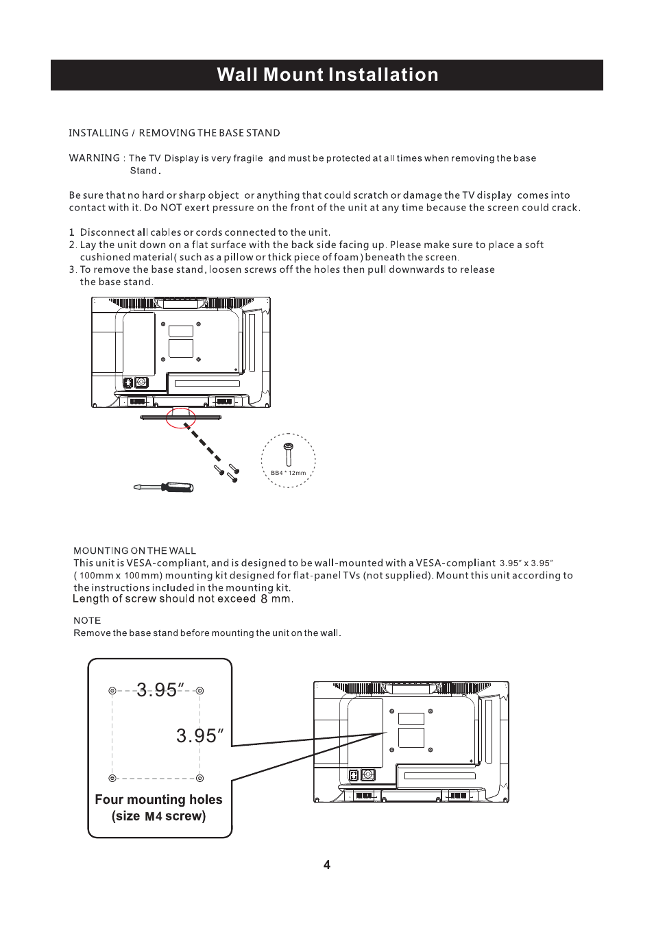 Wall mount installation | Curtis PLEDV2213A-C User Manual | Page 5 / 38