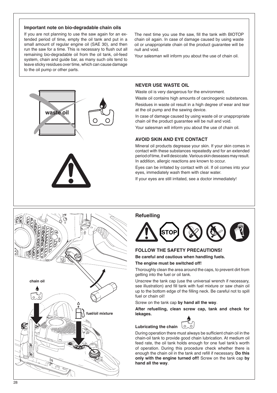 Stop, Waste oil | Dolmar PS-420 User Manual | Page 28 / 48