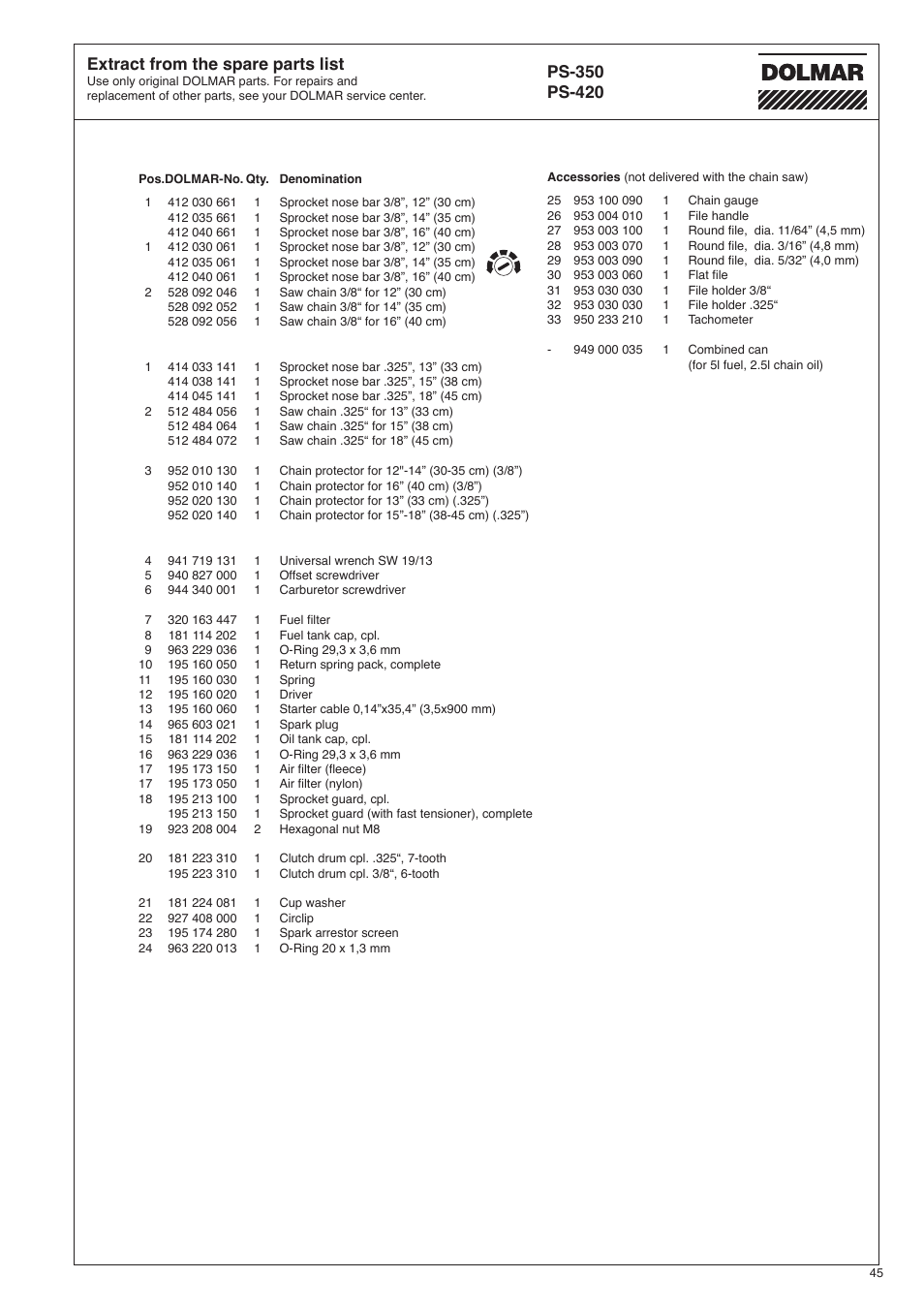 Extract from the spare parts list | Dolmar PS-420 User Manual | Page 45 / 48