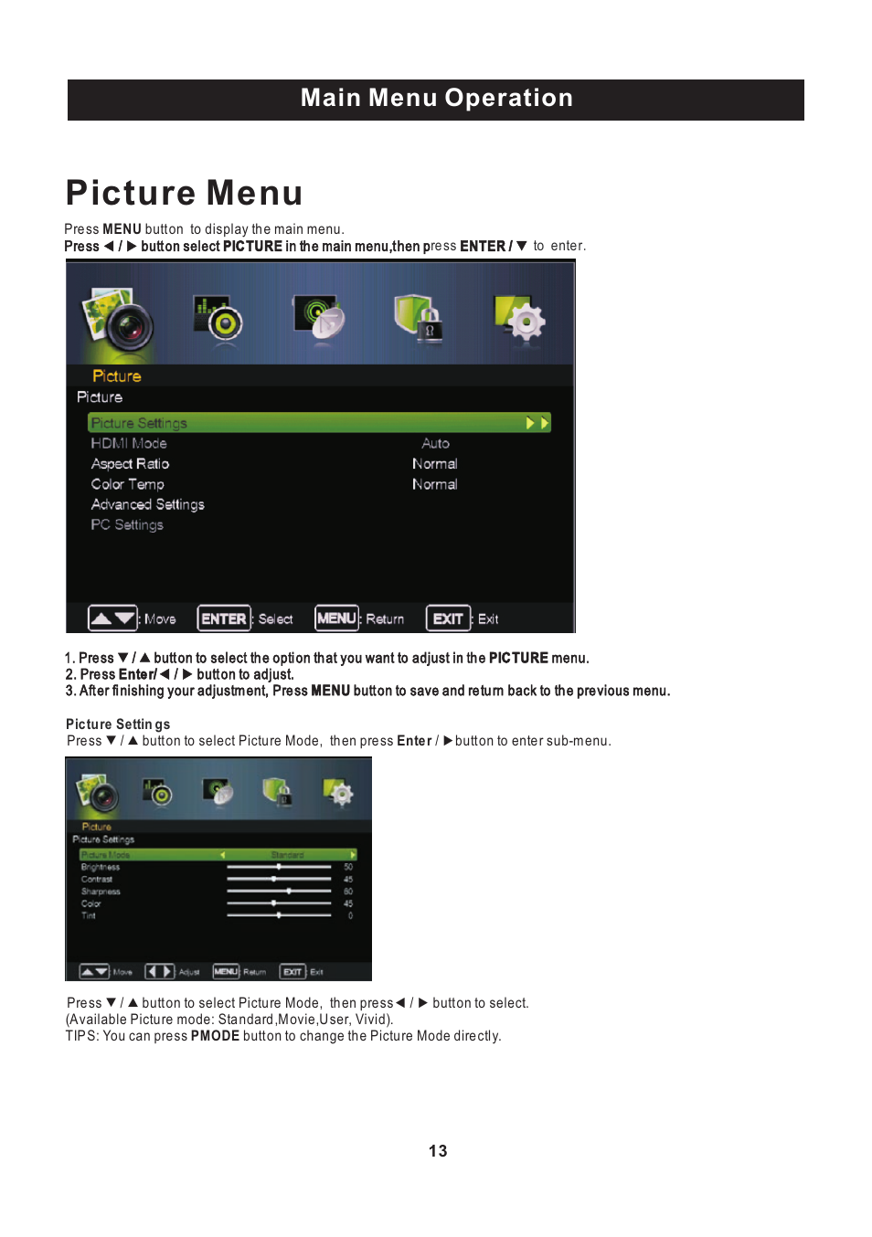 页 14, Picture menu, Main menu operation | Curtis PLEDV2488A User Manual | Page 14 / 34