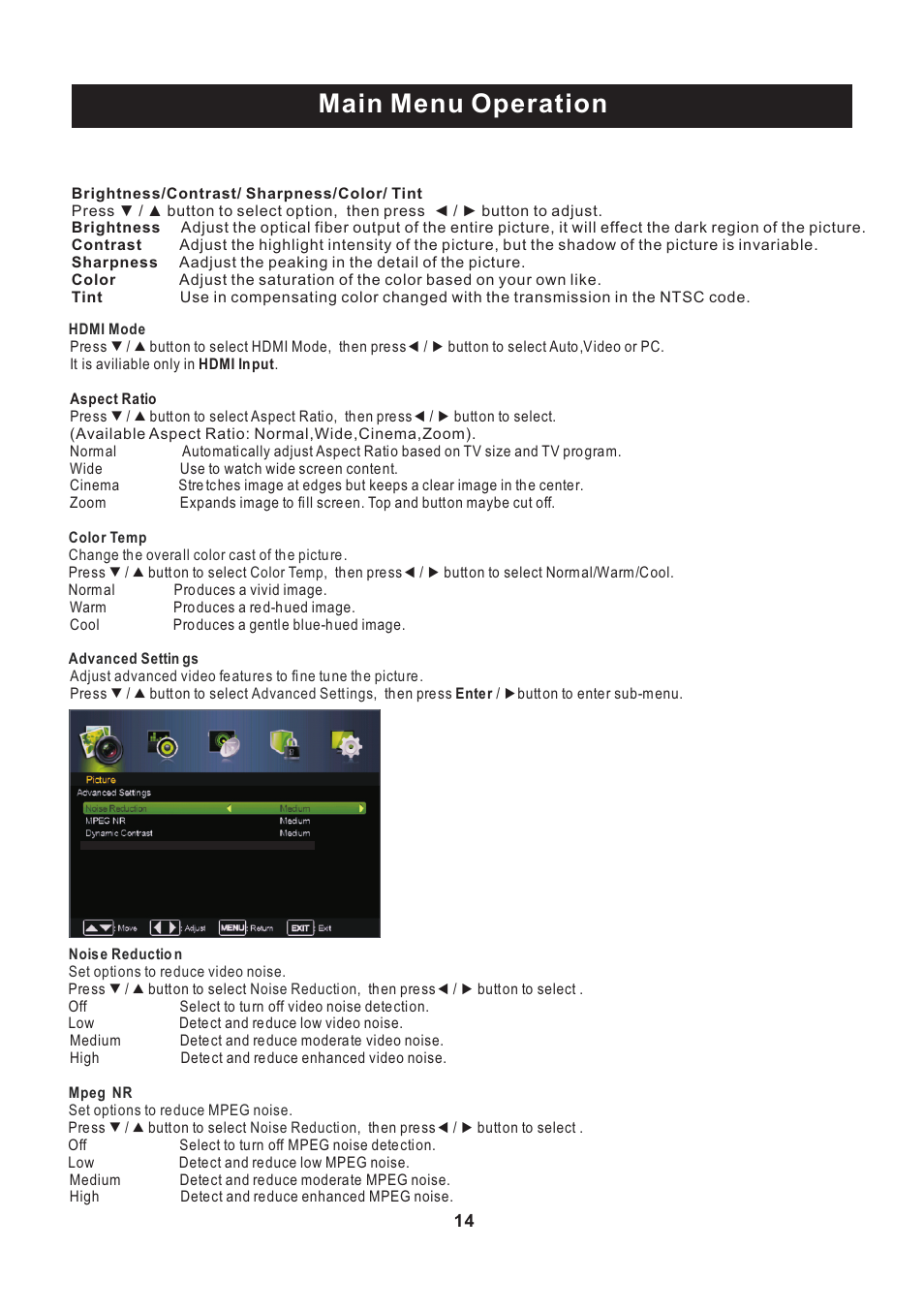 页 15, Main menu operation | Curtis PLEDV2488A User Manual | Page 15 / 34