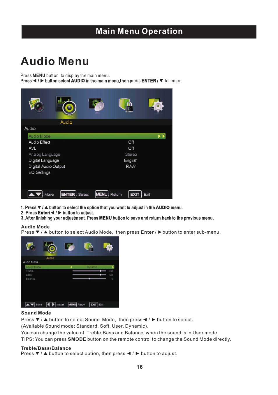 页 17, Audio menu, Main menu operation | Curtis PLEDV2488A User Manual | Page 17 / 34