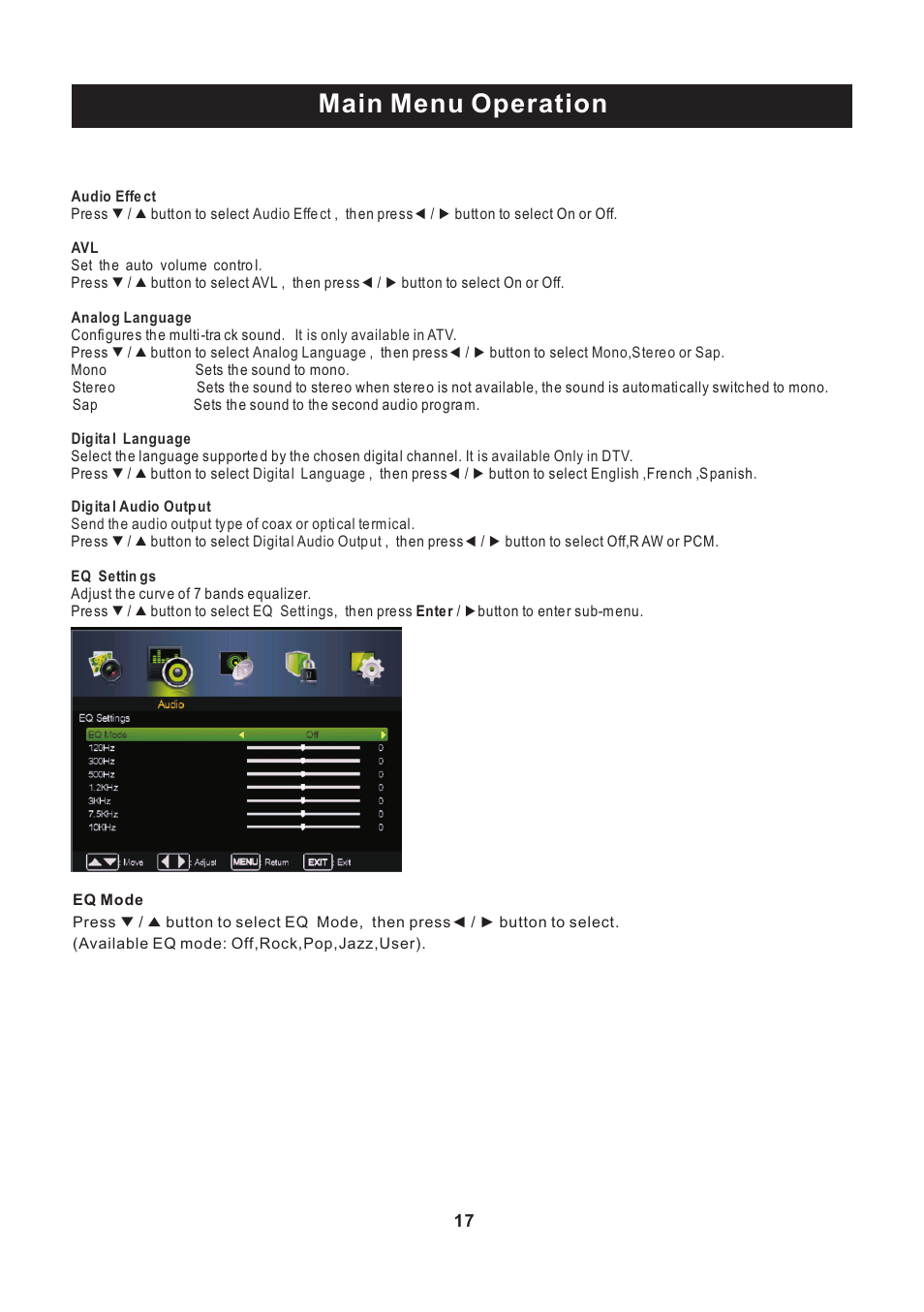 页 18, Main menu operation | Curtis PLEDV2488A User Manual | Page 18 / 34