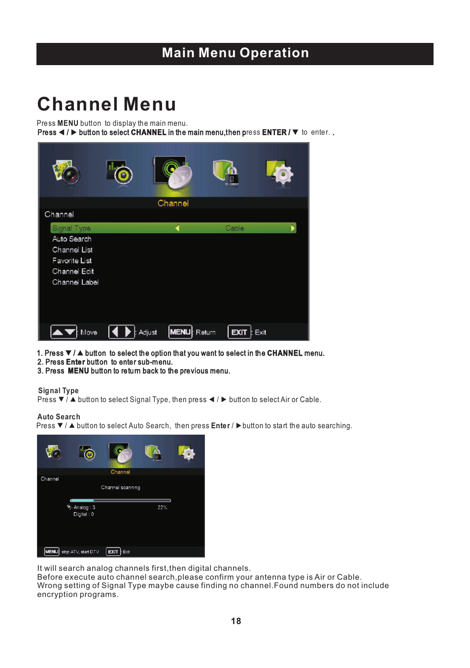 页 19, Channel menu, Main menu operation | Curtis PLEDV2488A User Manual | Page 19 / 34