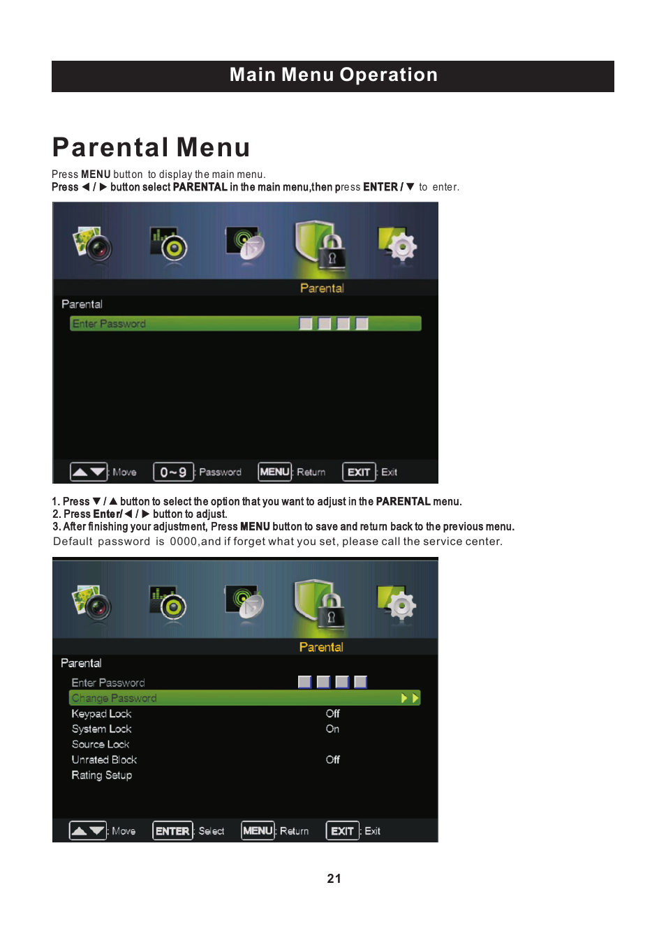页 22, Parental menu, Main menu operation | Curtis PLEDV2488A User Manual | Page 22 / 34